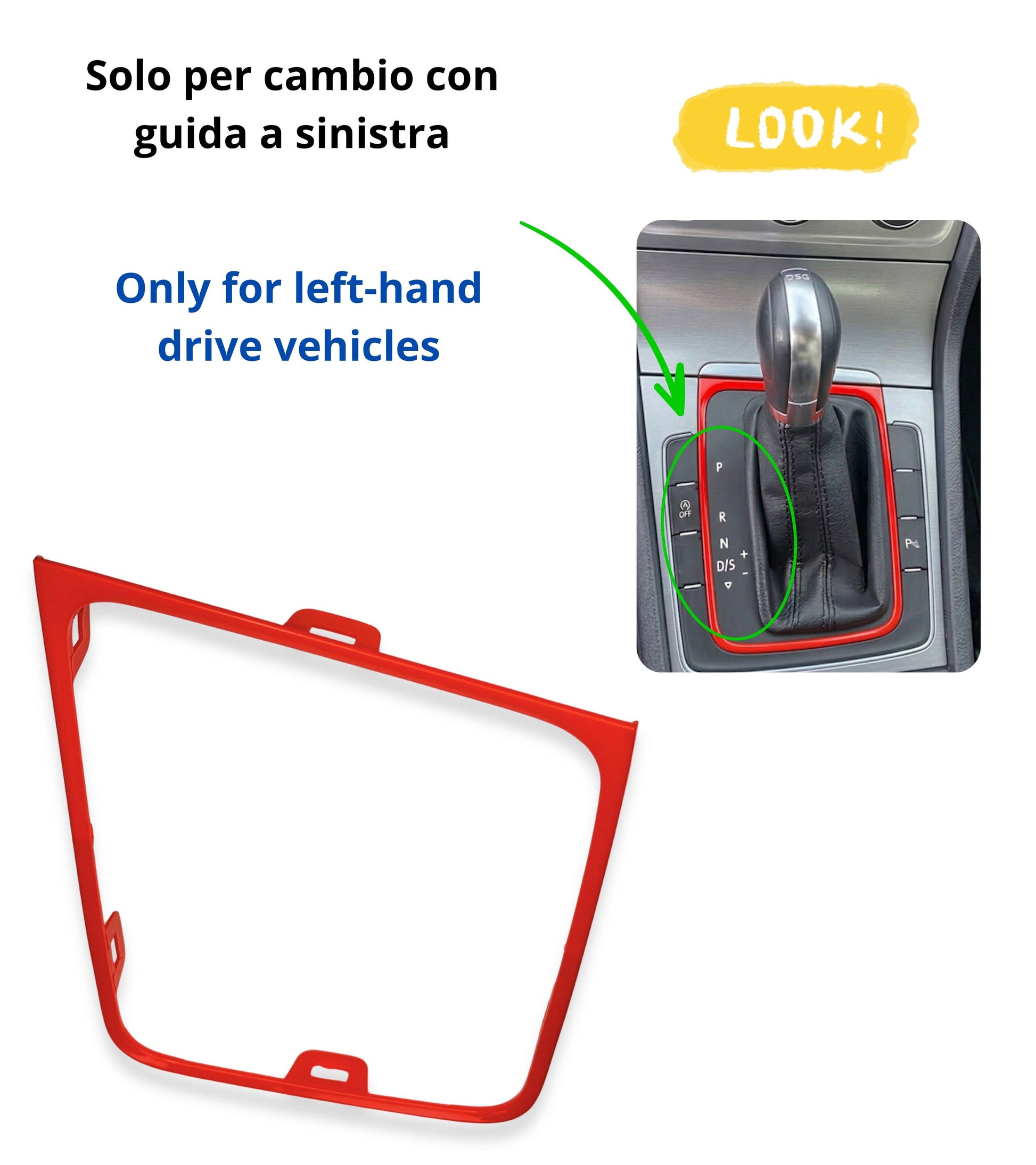 Cornice per Cuffia Leva Cambio Automatico, Colore Rosso Lucido, Compatibile con Volkswagen Golf 7 e Golf 7.5 (VII) 2012-2020, Solo Guida a Sinistra (LHD)