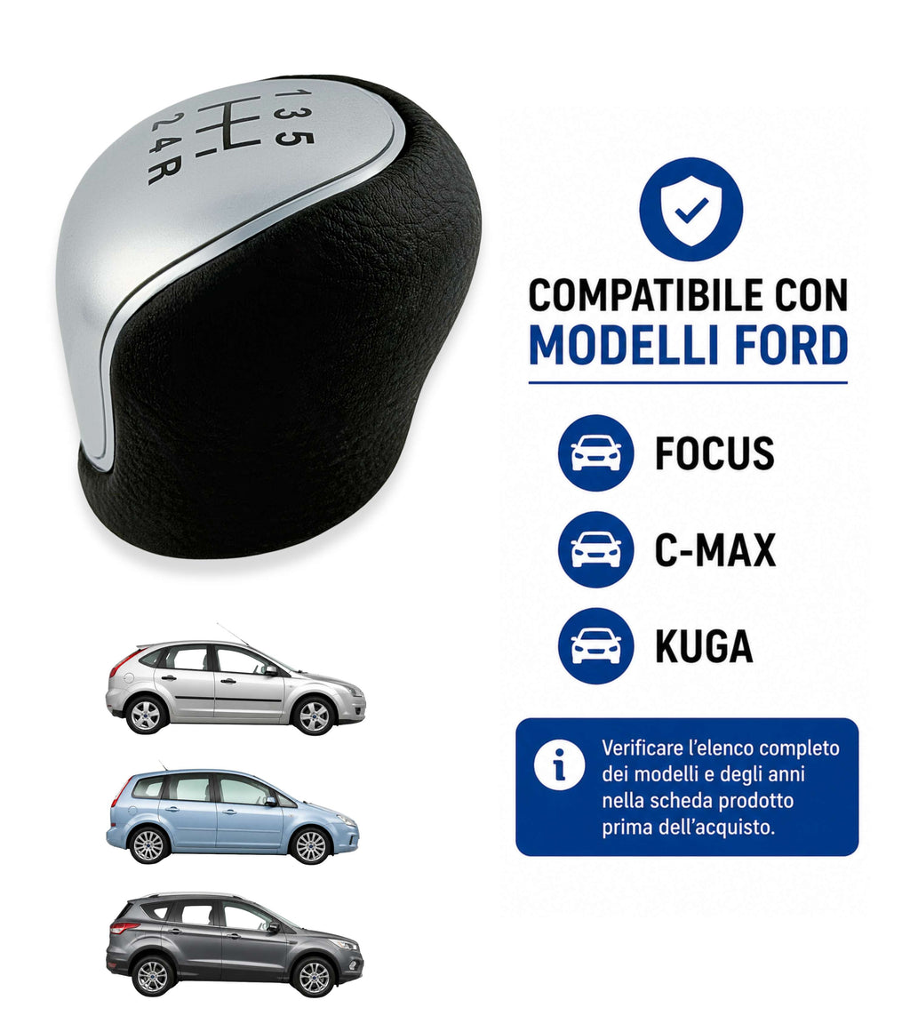 Pomello Leva Cambio 5 Marce Compatibile con Ford Focus C-Max Kuga Mondeo S-Max, Filettatura Integrata, Argento Satinato, Retro in Basso a Destra