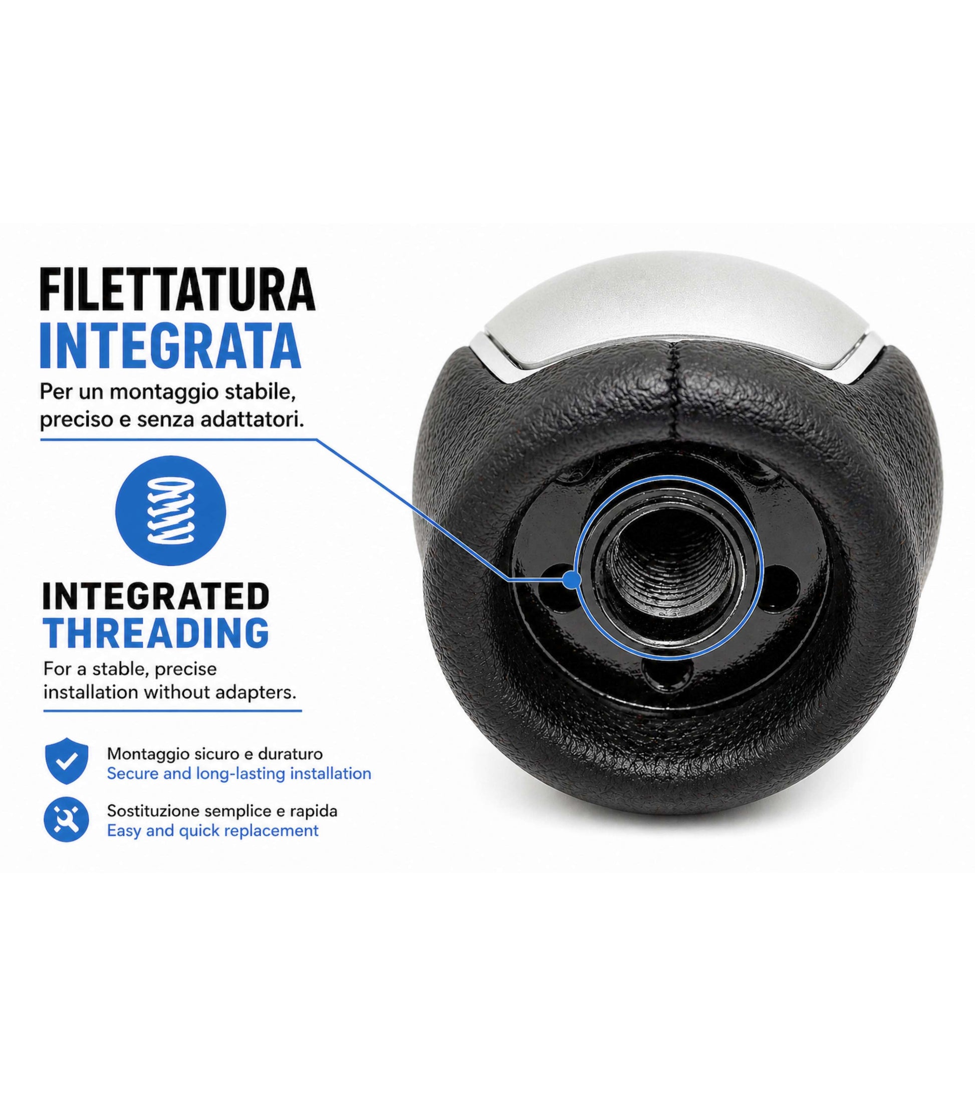 Pomello Leva Cambio 5 Marce Compatibile con Ford Focus C-Max Kuga Mondeo S-Max, Filettatura Integrata, Argento Satinato, Retro in Basso a Destra