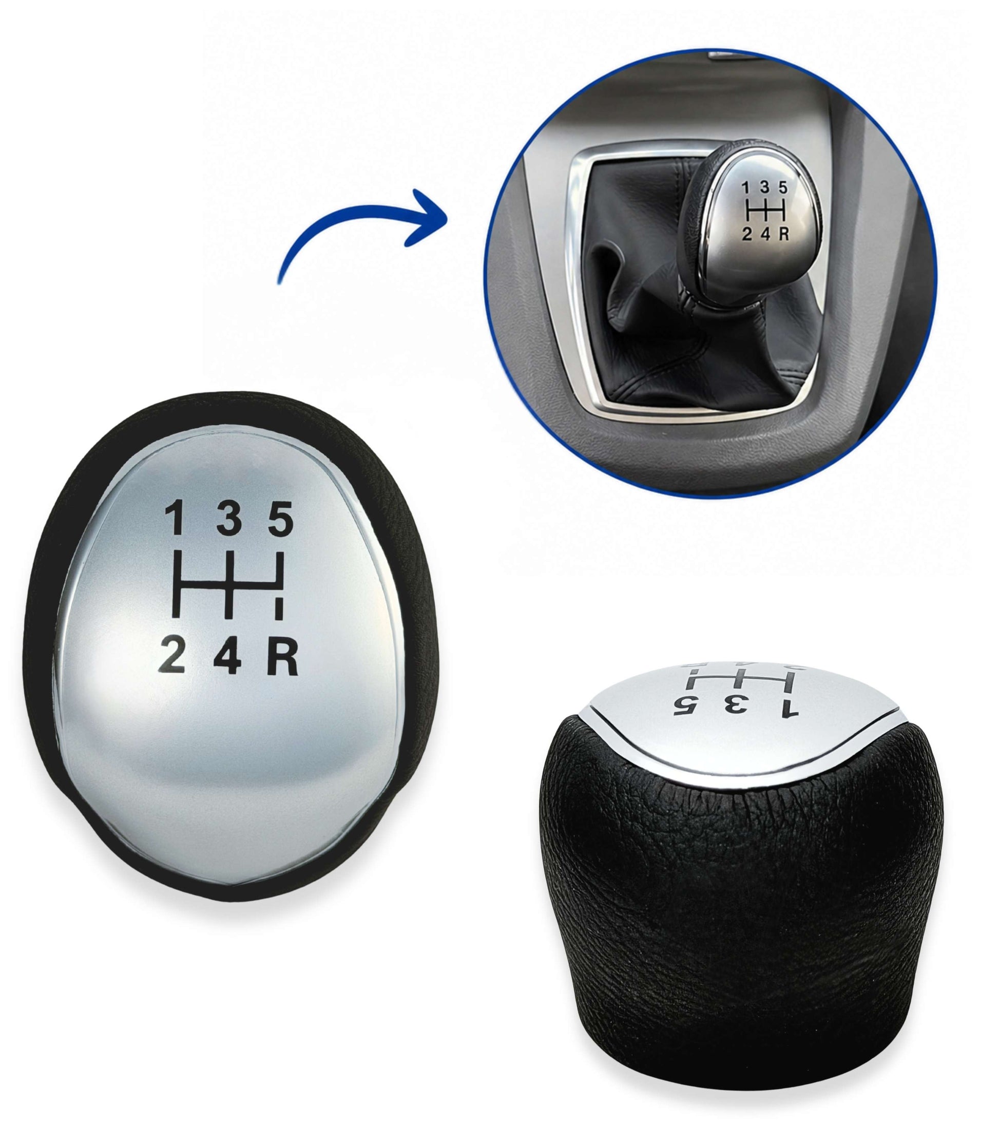 Pomello Leva Cambio 5 Marce Compatibile con Ford Focus C-Max Kuga Mondeo S-Max, Filettatura Integrata, Argento Satinato, Retro in Basso a Destra
