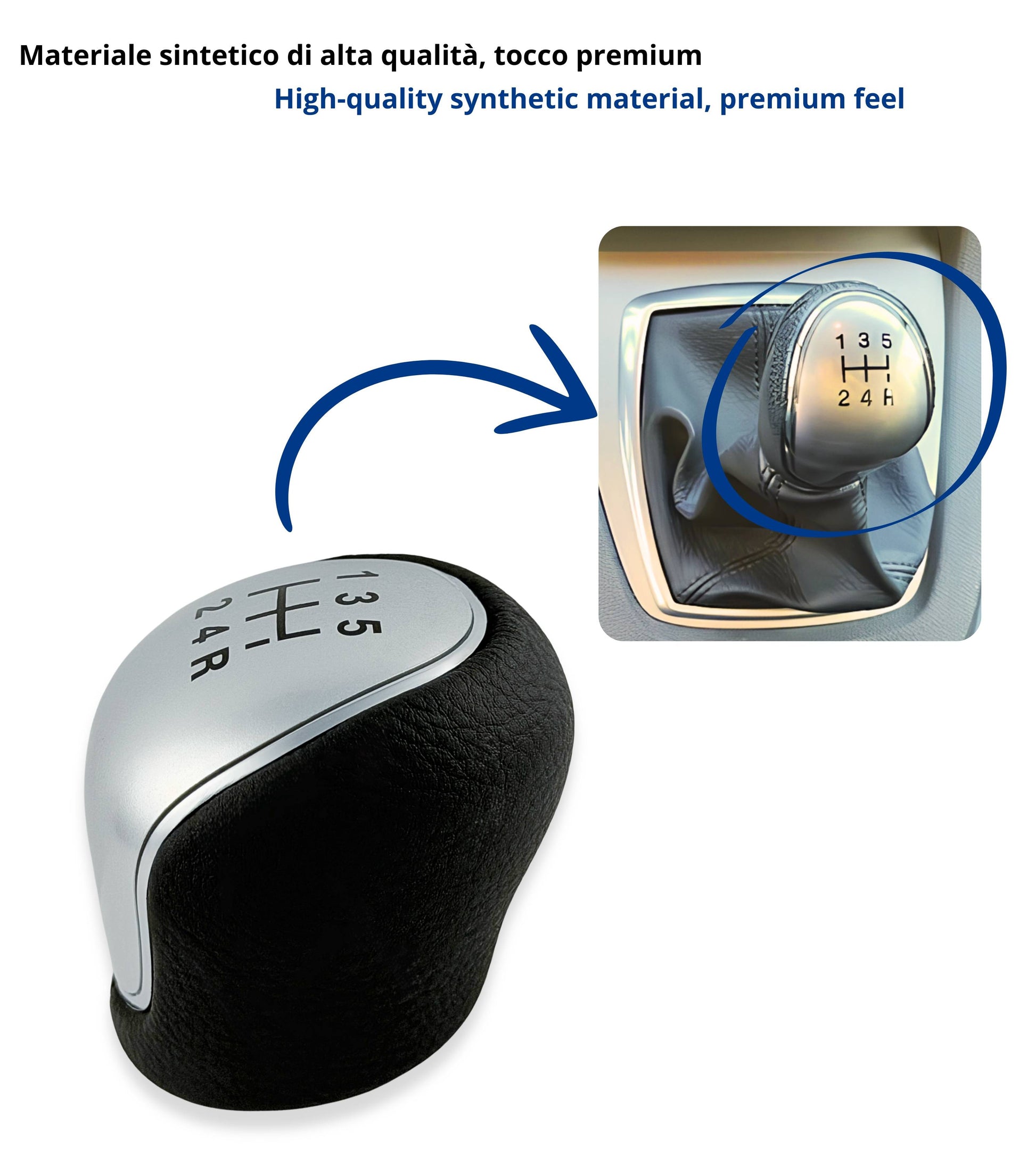 Pomello Leva Cambio 5 Marce Compatibile con Ford Focus C-Max Kuga Mondeo S-Max, Filettatura Integrata, Argento Satinato, Retro in Basso a Destra