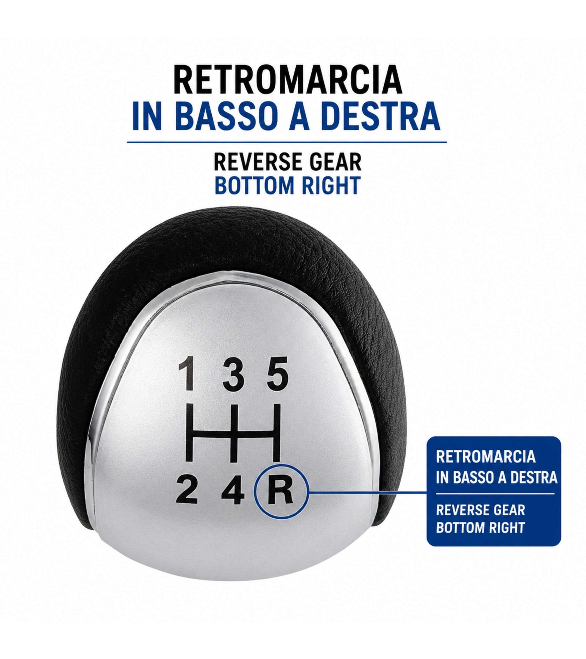 Pomello Leva Cambio 5 Marce Compatibile con Ford Focus C-Max Kuga Mondeo S-Max, Filettatura Integrata, Argento Satinato, Retro in Basso a Destra