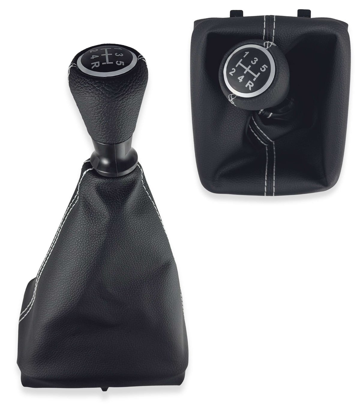 Kit per Leva Cambio Pomello Cambio 5 Marce con Cuffia Cuciture Bianche e Ghiera Compatibile con Peugeot 206 206+ 206 CC 206 SW, Retro Basso Destra