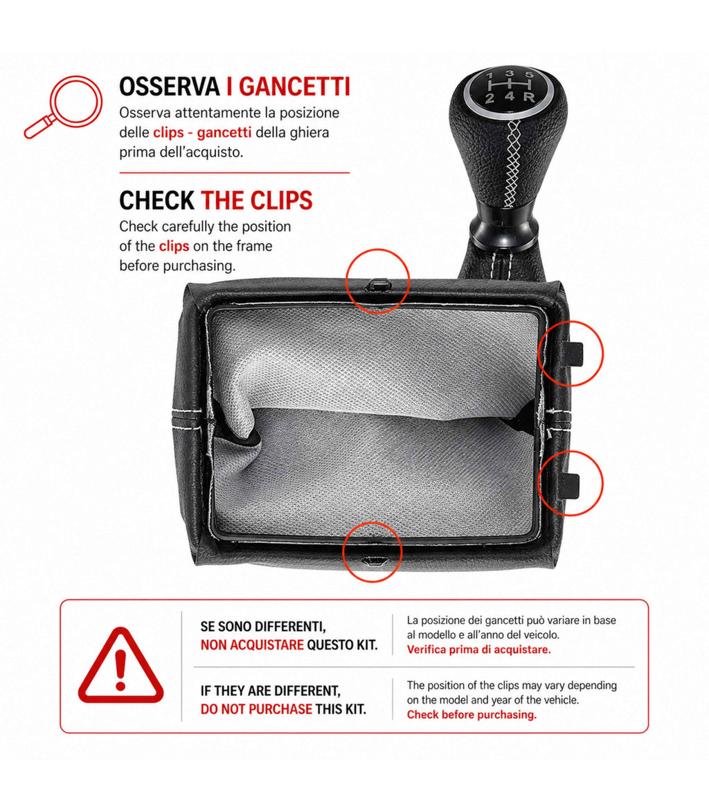 Kit per Leva Cambio Pomello Cambio 5 Marce con Cuffia Cuciture Bianche e Ghiera Compatibile con Peugeot 206 206+ 206 CC 206 SW, Retro Basso Destra