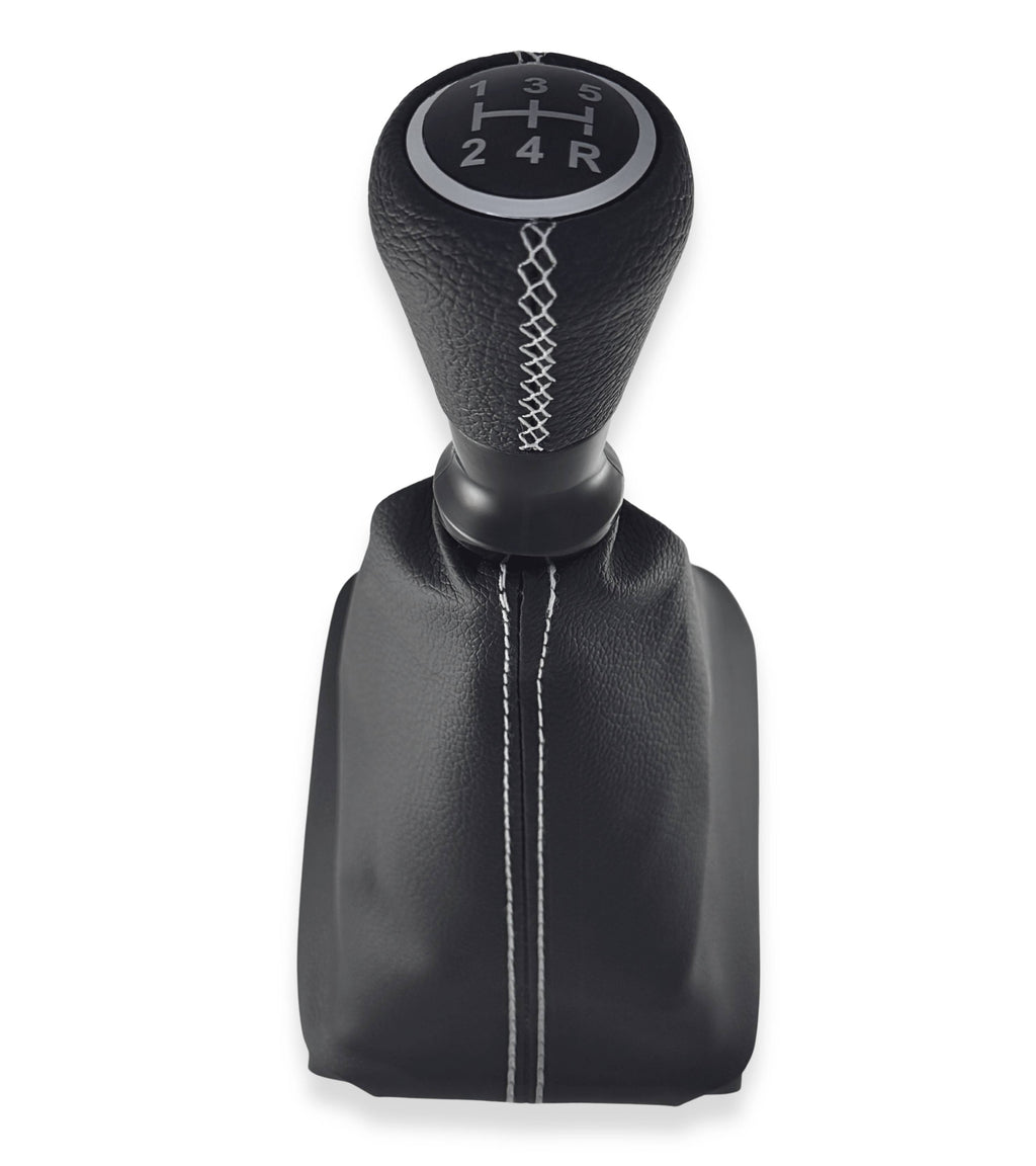 Kit per Leva Cambio Pomello Cambio 5 Marce con Cuffia Cuciture Bianche e Ghiera Compatibile con Peugeot 206 206+ 206 CC 206 SW, Retro Basso Destra