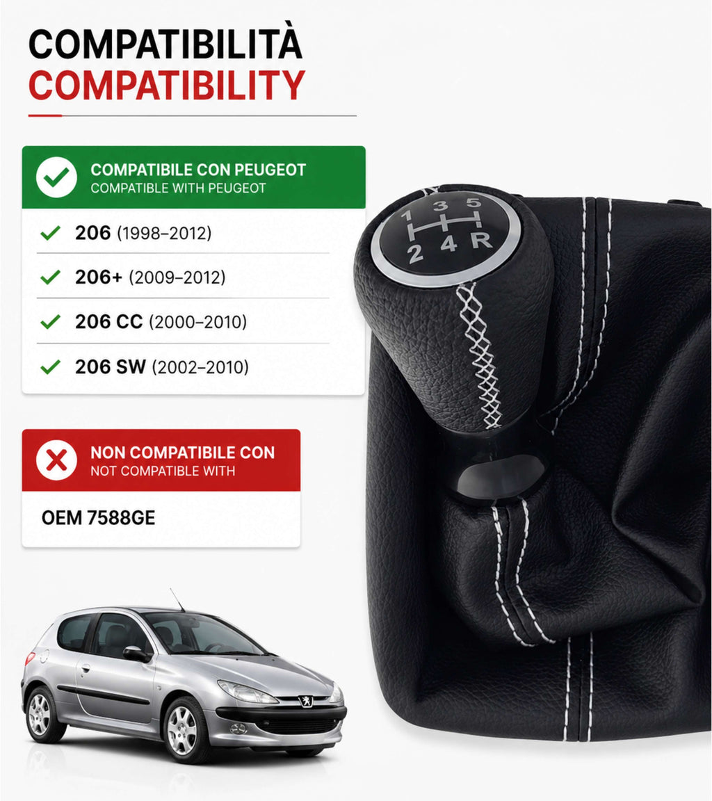 Kit per Leva Cambio Pomello Cambio 5 Marce con Cuffia Cuciture Bianche e Ghiera Compatibile con Peugeot 206 206+ 206 CC 206 SW, Retro Basso Destra