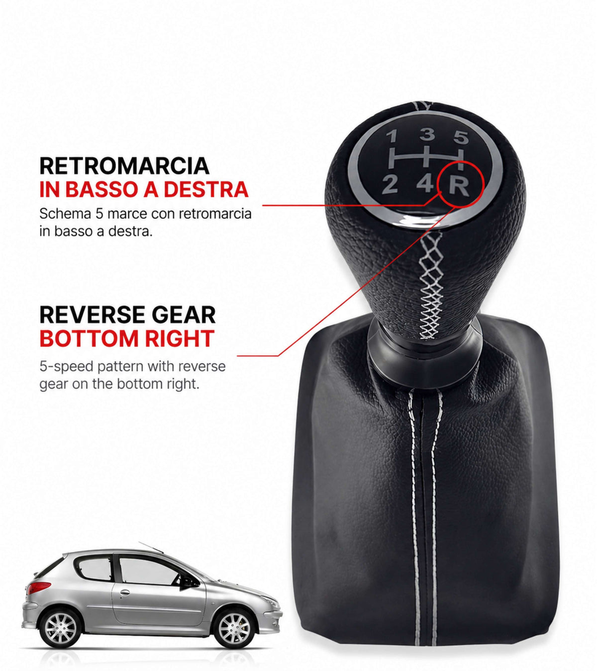 Kit per Leva Cambio Pomello Cambio 5 Marce con Cuffia Cuciture Bianche e Ghiera Compatibile con Peugeot 206 206+ 206 CC 206 SW, Retro Basso Destra