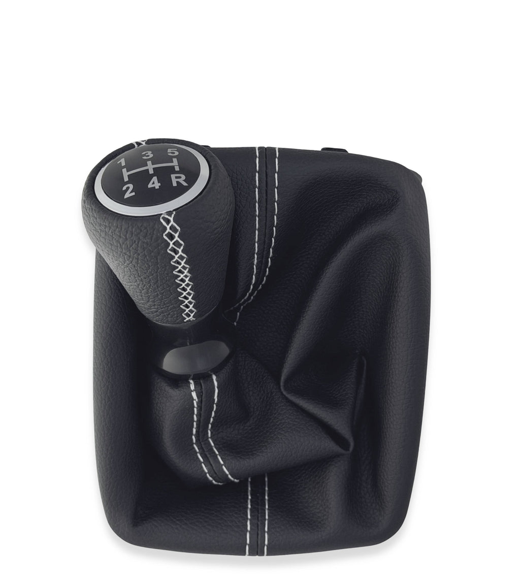 Kit per Leva Cambio Pomello Cambio 5 Marce con Cuffia Cuciture Bianche e Ghiera Compatibile con Peugeot 206 206+ 206 CC 206 SW, Retro Basso Destra