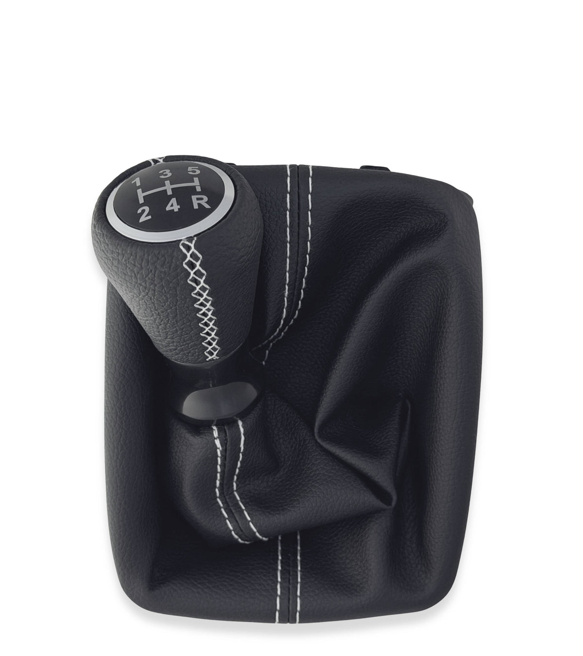 Kit per Leva Cambio Pomello Cambio 5 Marce con Cuffia Cuciture Bianche e Ghiera Compatibile con Peugeot 206 206+ 206 CC 206 SW, Retro Basso Destra