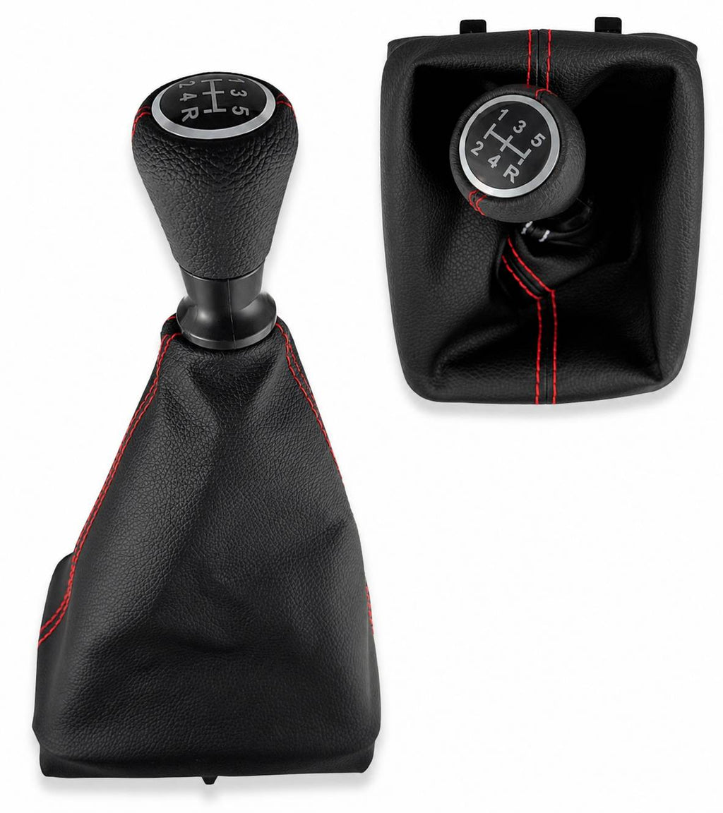 Kit per Leva Cambio Pomello Cambio 5 Marce con Cuffia Cuciture Rosse e Ghiera Compatibile con Peugeot 206 206+ 206 CC 206 SW, Retro Basso Destra