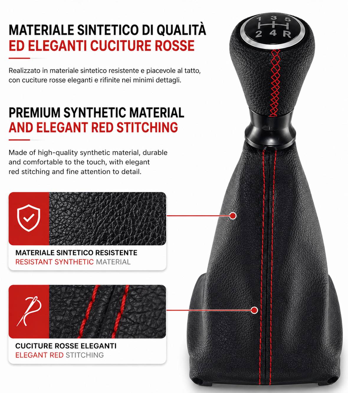 Kit per Leva Cambio Pomello Cambio 5 Marce con Cuffia Cuciture Rosse e Ghiera Compatibile con Peugeot 206 206+ 206 CC 206 SW, Retro Basso Destra