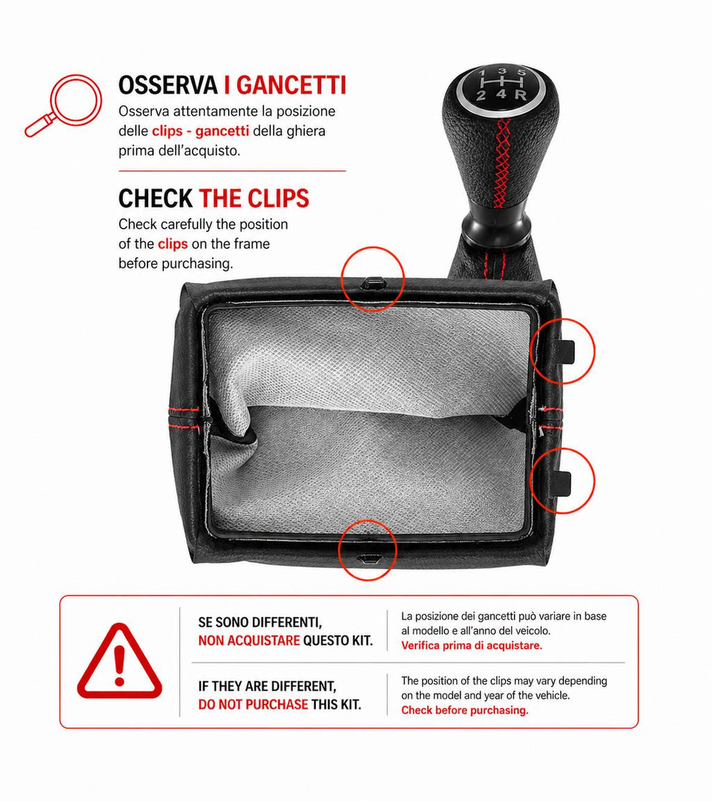 Kit per Leva Cambio Pomello Cambio 5 Marce con Cuffia Cuciture Rosse e Ghiera Compatibile con Peugeot 206 206+ 206 CC 206 SW, Retro Basso Destra