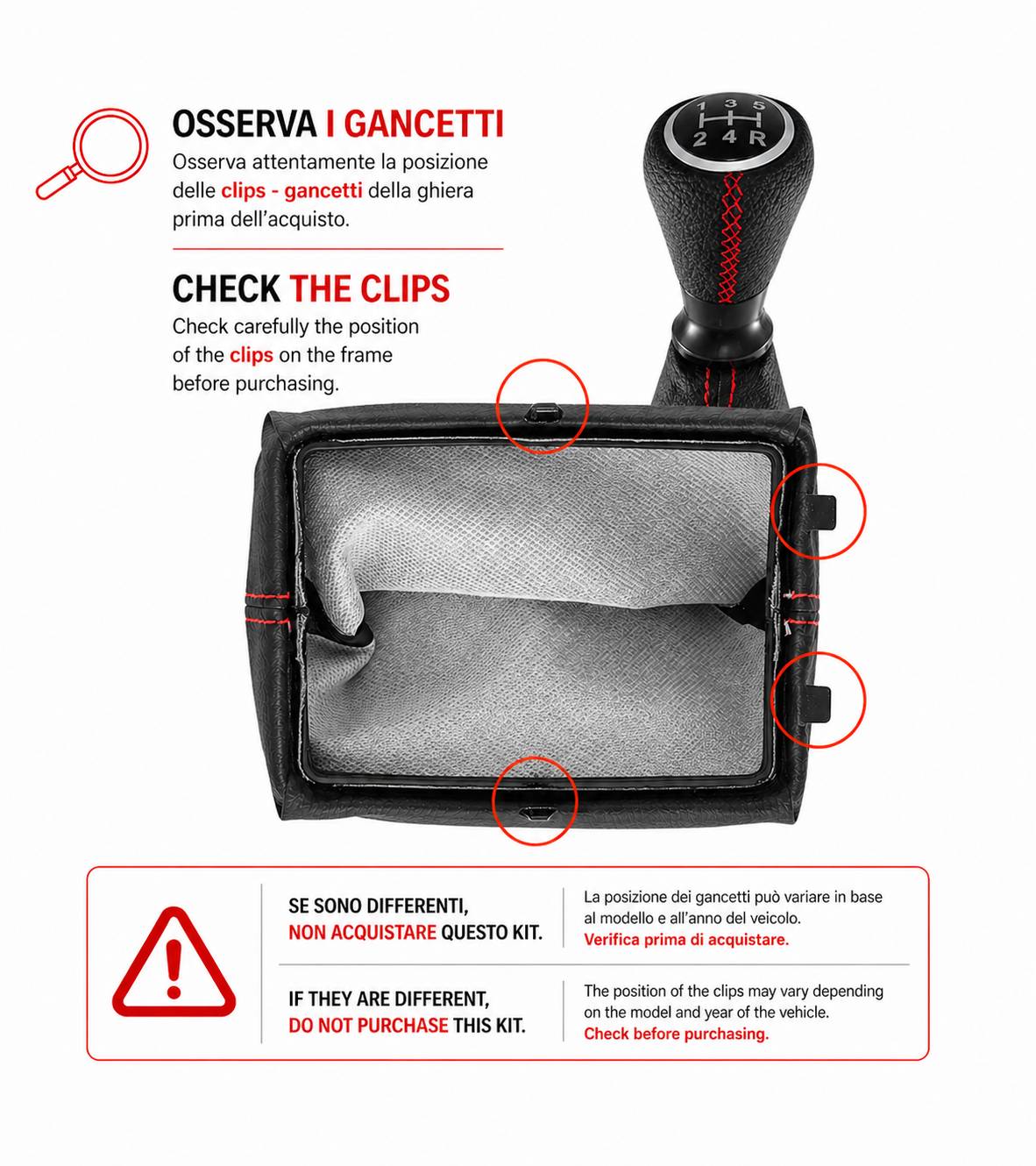 Kit per Leva Cambio Pomello Cambio 5 Marce con Cuffia Cuciture Rosse e Ghiera Compatibile con Peugeot 206 206+ 206 CC 206 SW, Retro Basso Destra