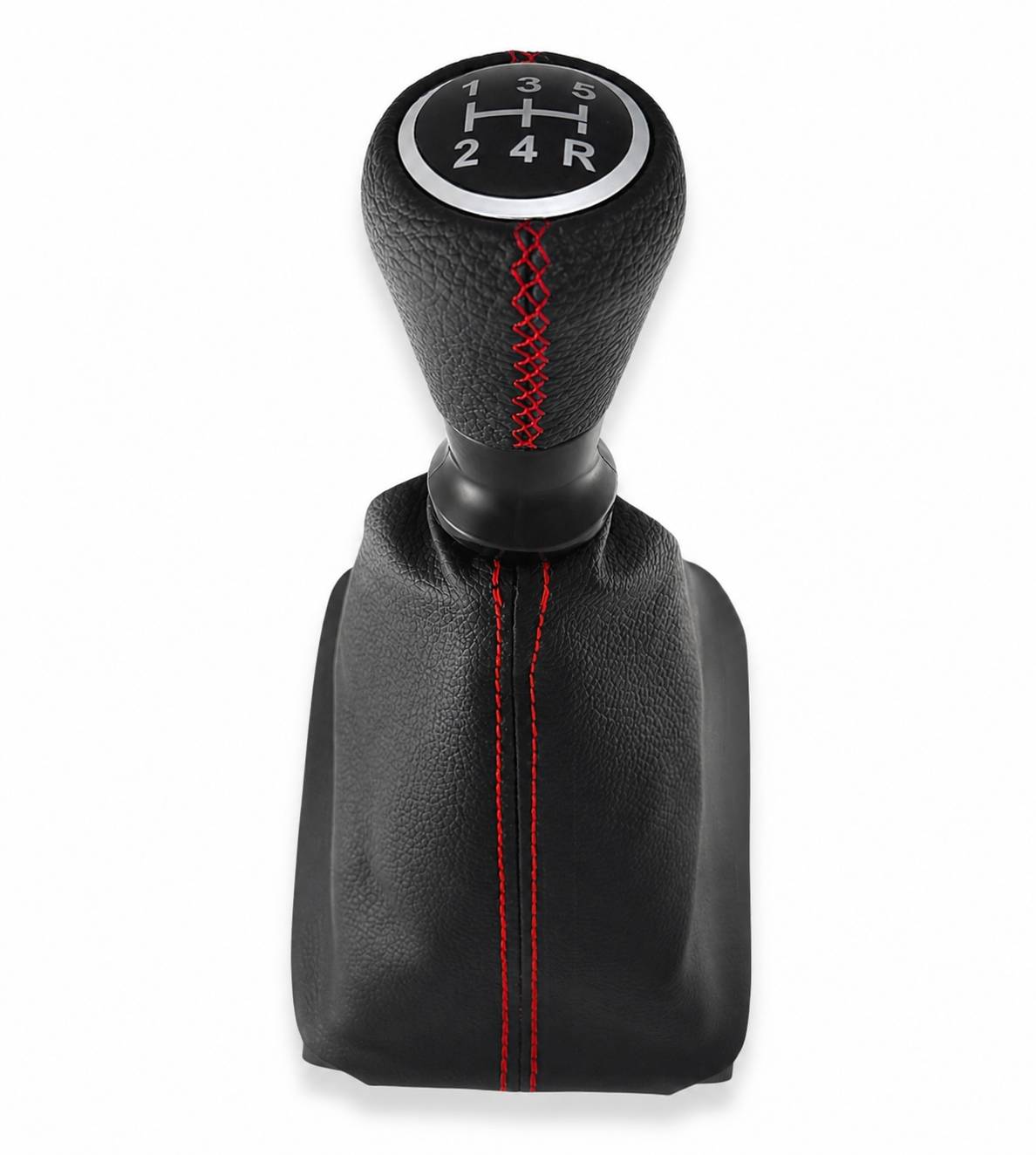 Kit per Leva Cambio Pomello Cambio 5 Marce con Cuffia Cuciture Rosse e Ghiera Compatibile con Peugeot 206 206+ 206 CC 206 SW, Retro Basso Destra