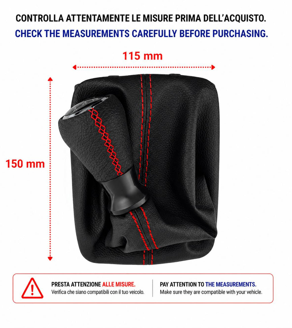 Kit per Leva Cambio Pomello Cambio 5 Marce con Cuffia Cuciture Rosse e Ghiera Compatibile con Peugeot 206 206+ 206 CC 206 SW, Retro Basso Destra
