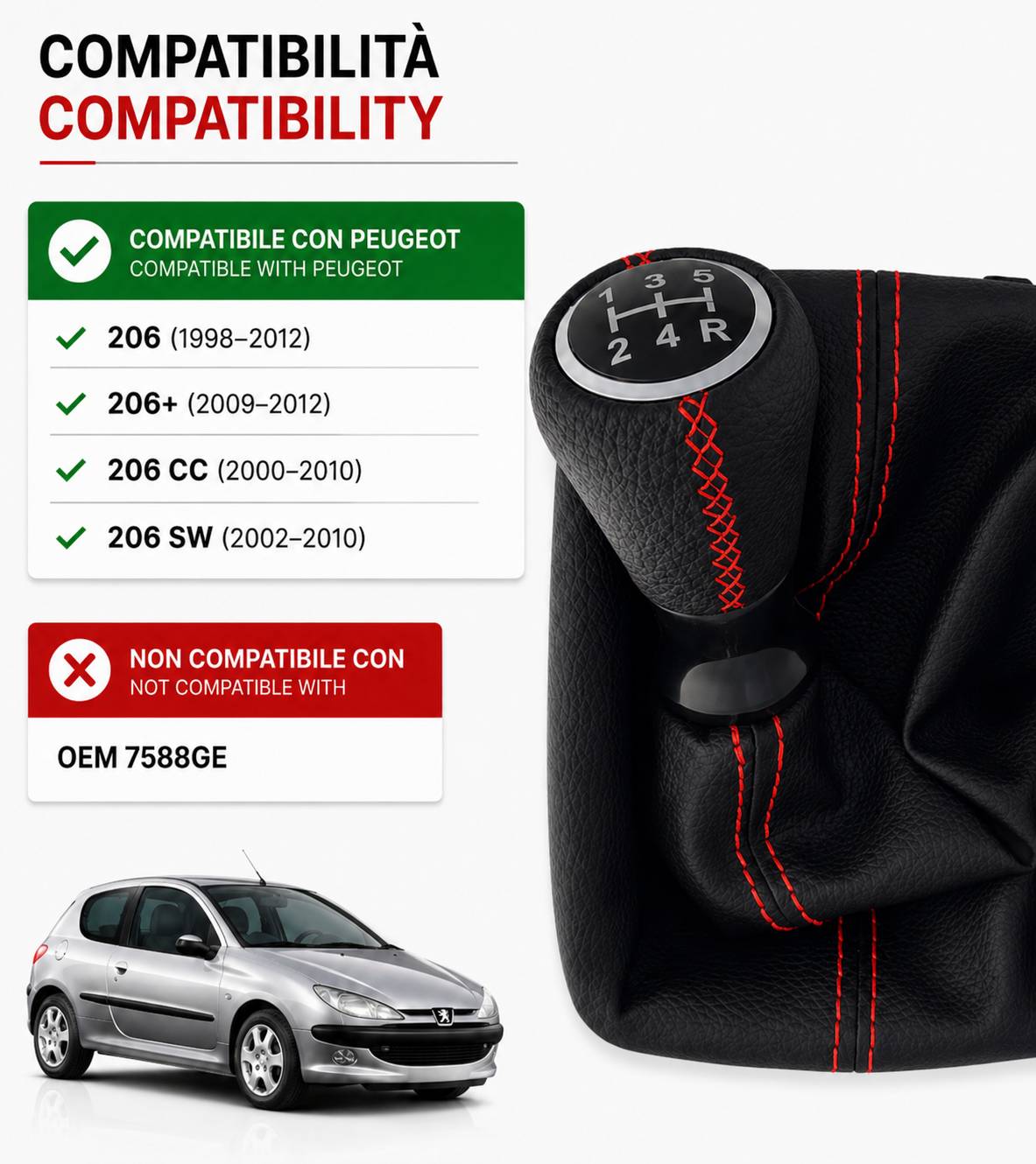 Kit per Leva Cambio Pomello Cambio 5 Marce con Cuffia Cuciture Rosse e Ghiera Compatibile con Peugeot 206 206+ 206 CC 206 SW, Retro Basso Destra