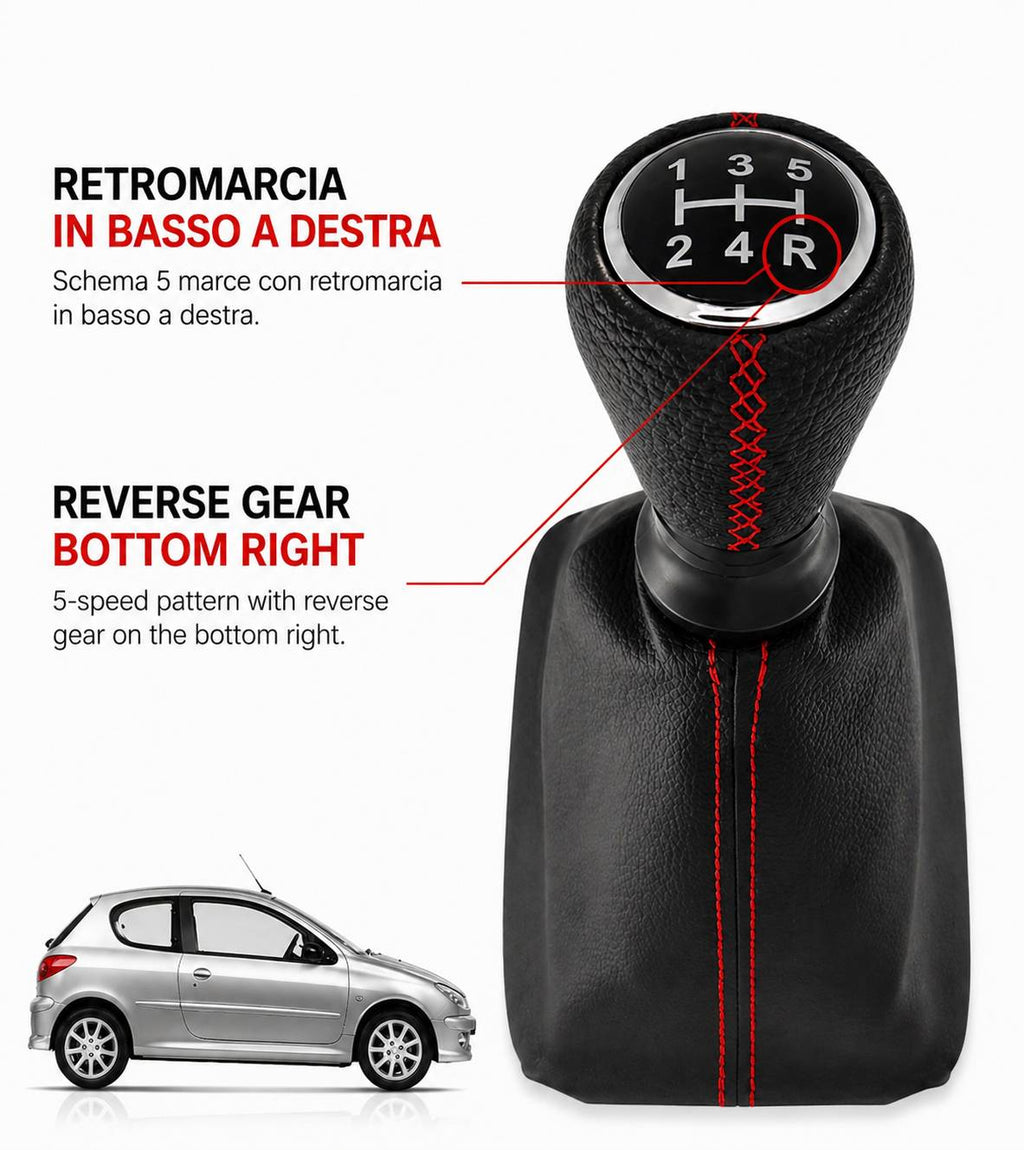 Kit per Leva Cambio Pomello Cambio 5 Marce con Cuffia Cuciture Rosse e Ghiera Compatibile con Peugeot 206 206+ 206 CC 206 SW, Retro Basso Destra