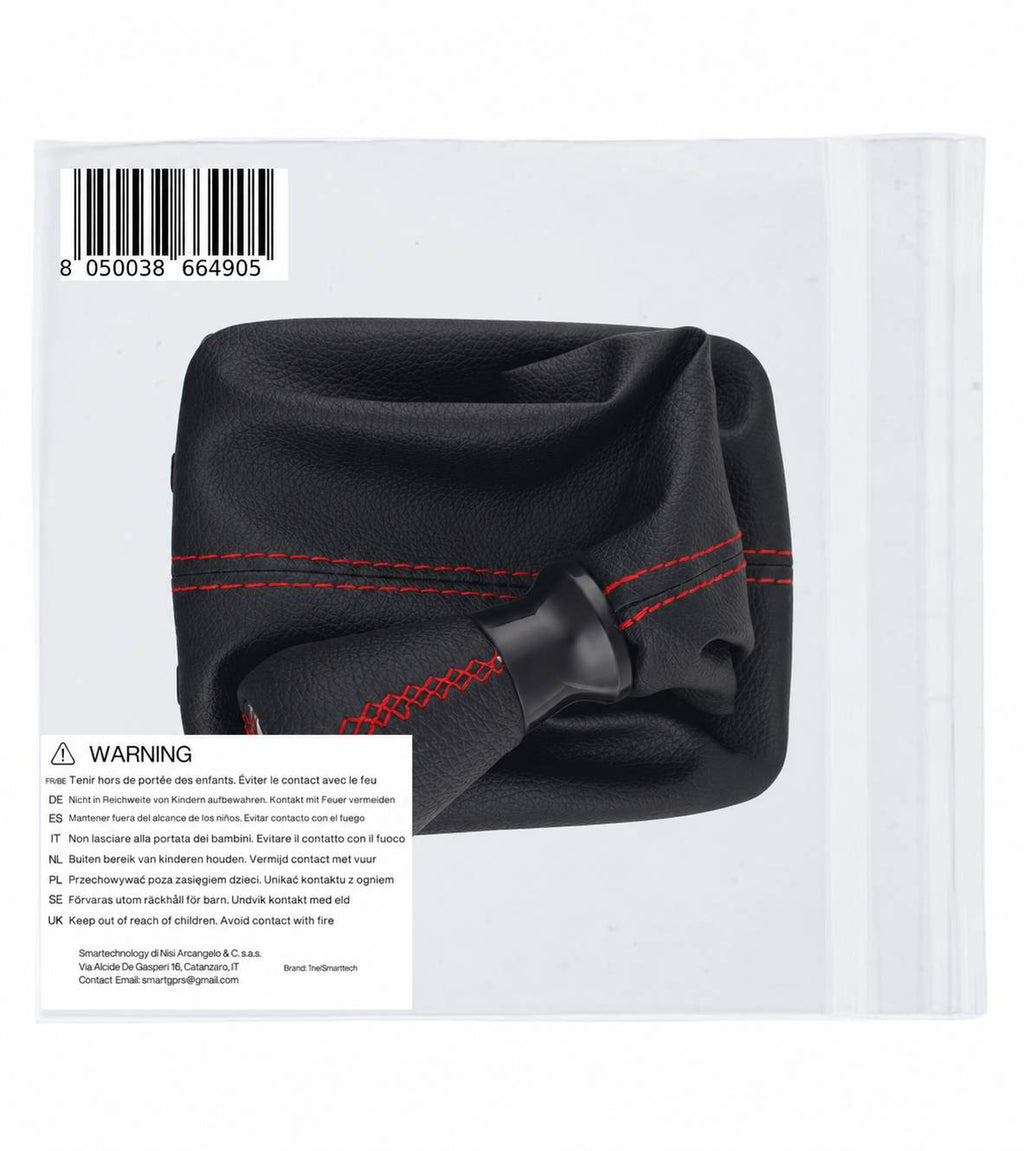 Kit per Leva Cambio Pomello Cambio 5 Marce con Cuffia Cuciture Rosse e Ghiera Compatibile con Peugeot 206 206+ 206 CC 206 SW, Retro Basso Destra