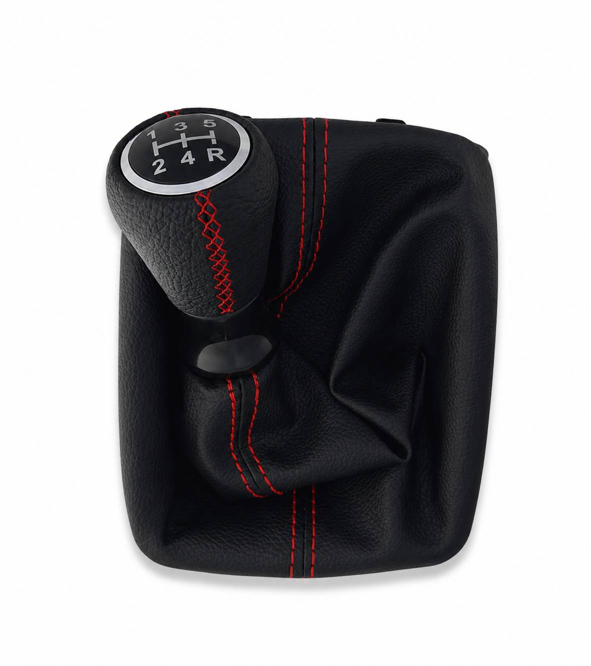 Kit per Leva Cambio Pomello Cambio 5 Marce con Cuffia Cuciture Rosse e Ghiera Compatibile con Peugeot 206 206+ 206 CC 206 SW, Retro Basso Destra