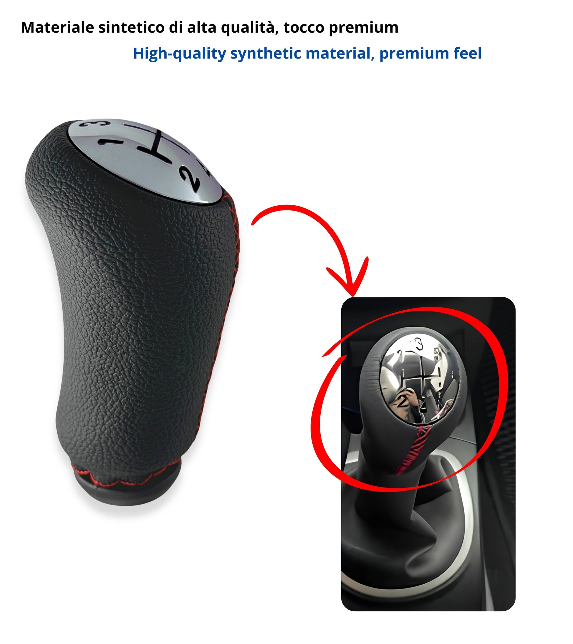 Pomello per Leva Cambio 5 Marce Compatibile con Renault Clio Megane Scenic Modus Captur Kangoo e Dacia Duster Sandero Colore Nero con Cuciture Rosse