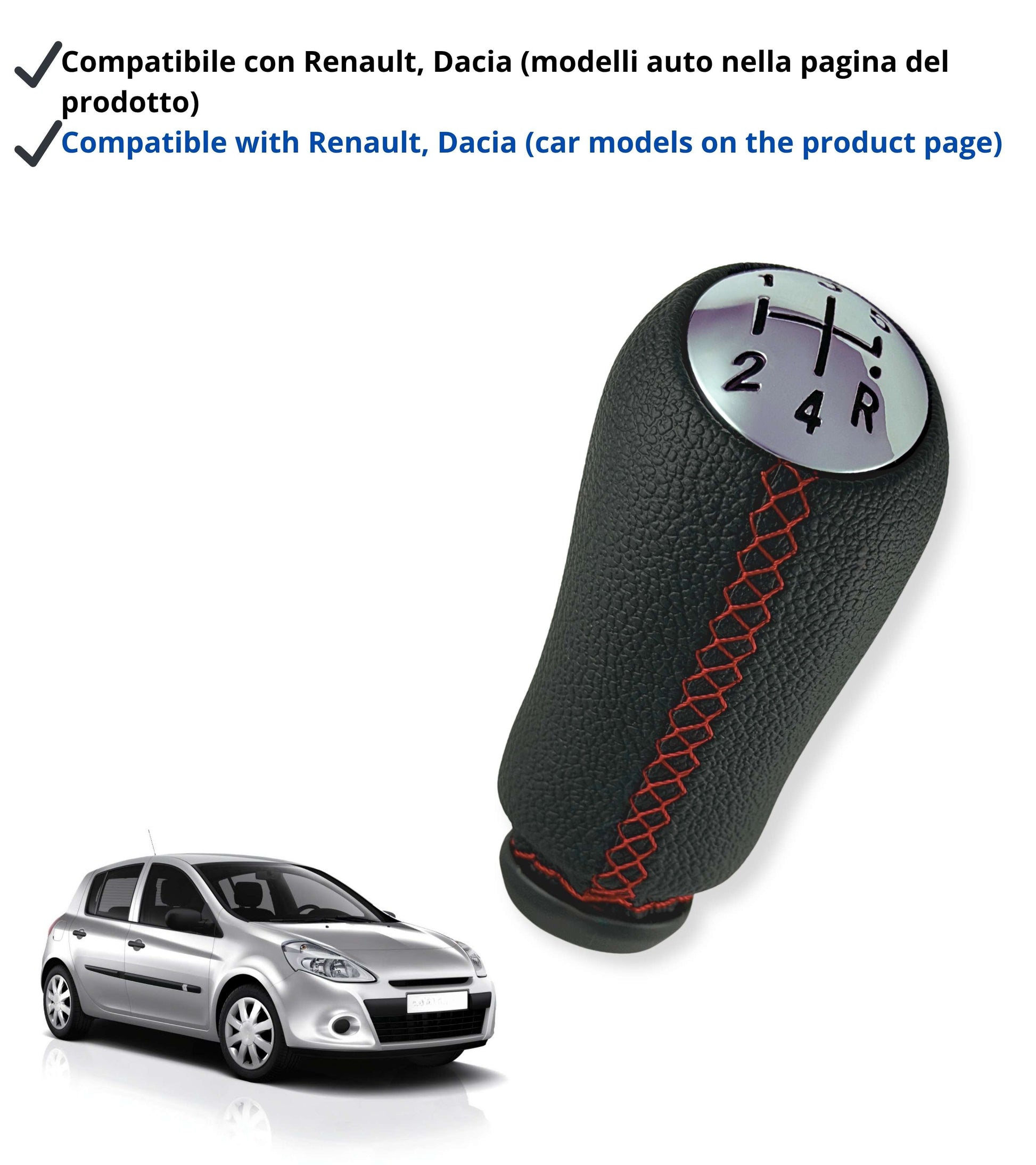 Pomello per Leva Cambio 5 Marce Compatibile con Renault Clio Megane Scenic Modus Captur Kangoo e Dacia Duster Sandero Colore Nero con Cuciture Rosse