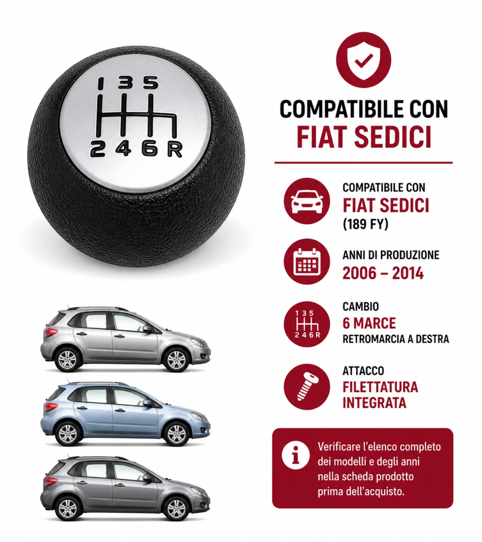 Pomello Leva Cambio 6 Marce Compatibile con Fiat Sedici (189 FY) 2006-2014 Filettato in Metallo, Retromarcia Basso Destra, Nero con Placca Opaca