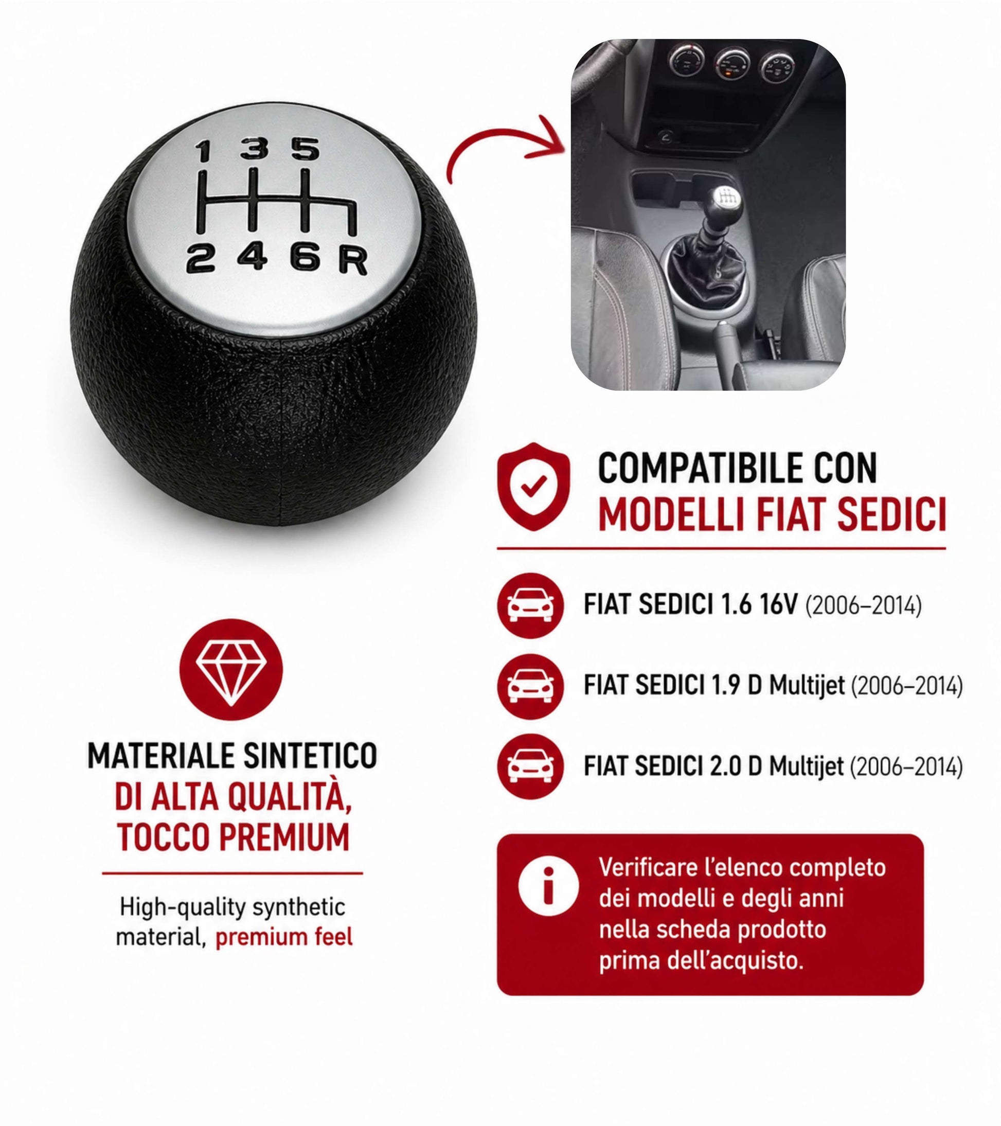 Pomello Leva Cambio 6 Marce Compatibile con Fiat Sedici (189 FY) 2006-2014 Filettato in Metallo, Retromarcia Basso Destra, Nero con Placca Opaca