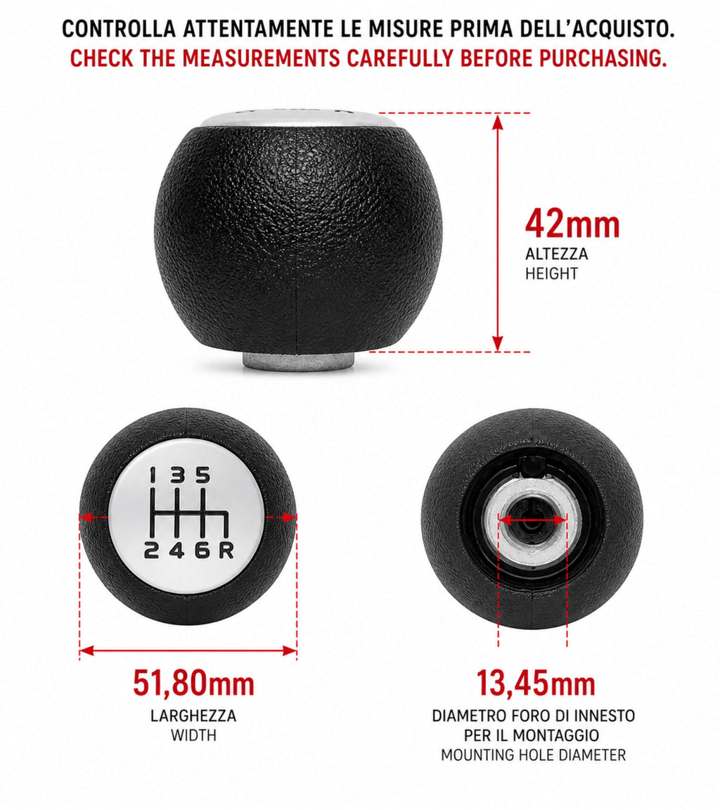 Pomello Leva Cambio 6 Marce Compatibile con Fiat Sedici (189 FY) 2006-2014 Filettato in Metallo, Retromarcia Basso Destra, Nero con Placca Opaca