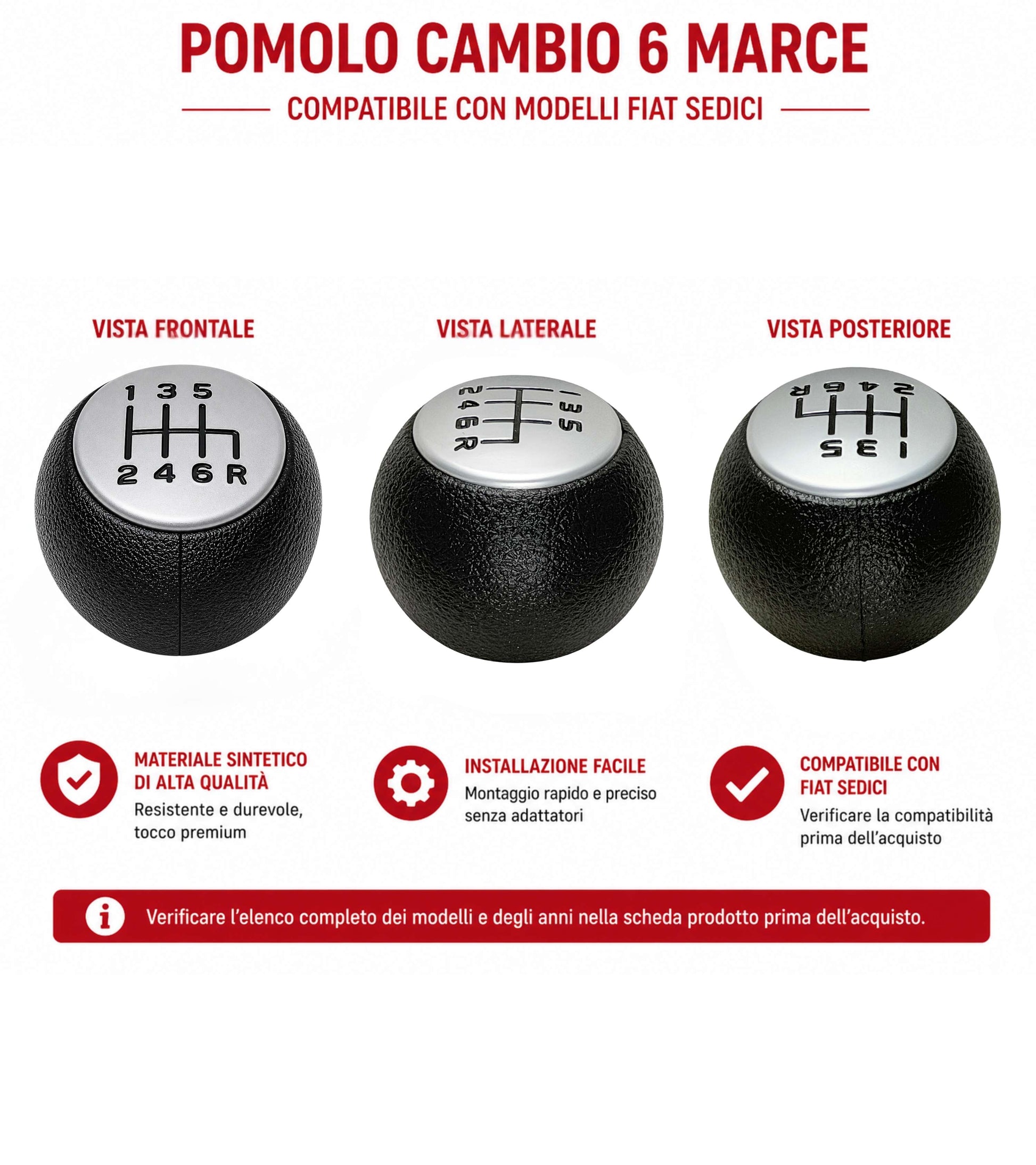 Pomello Leva Cambio 6 Marce Compatibile con Fiat Sedici (189 FY) 2006-2014 Filettato in Metallo, Retromarcia Basso Destra, Nero con Placca Opaca