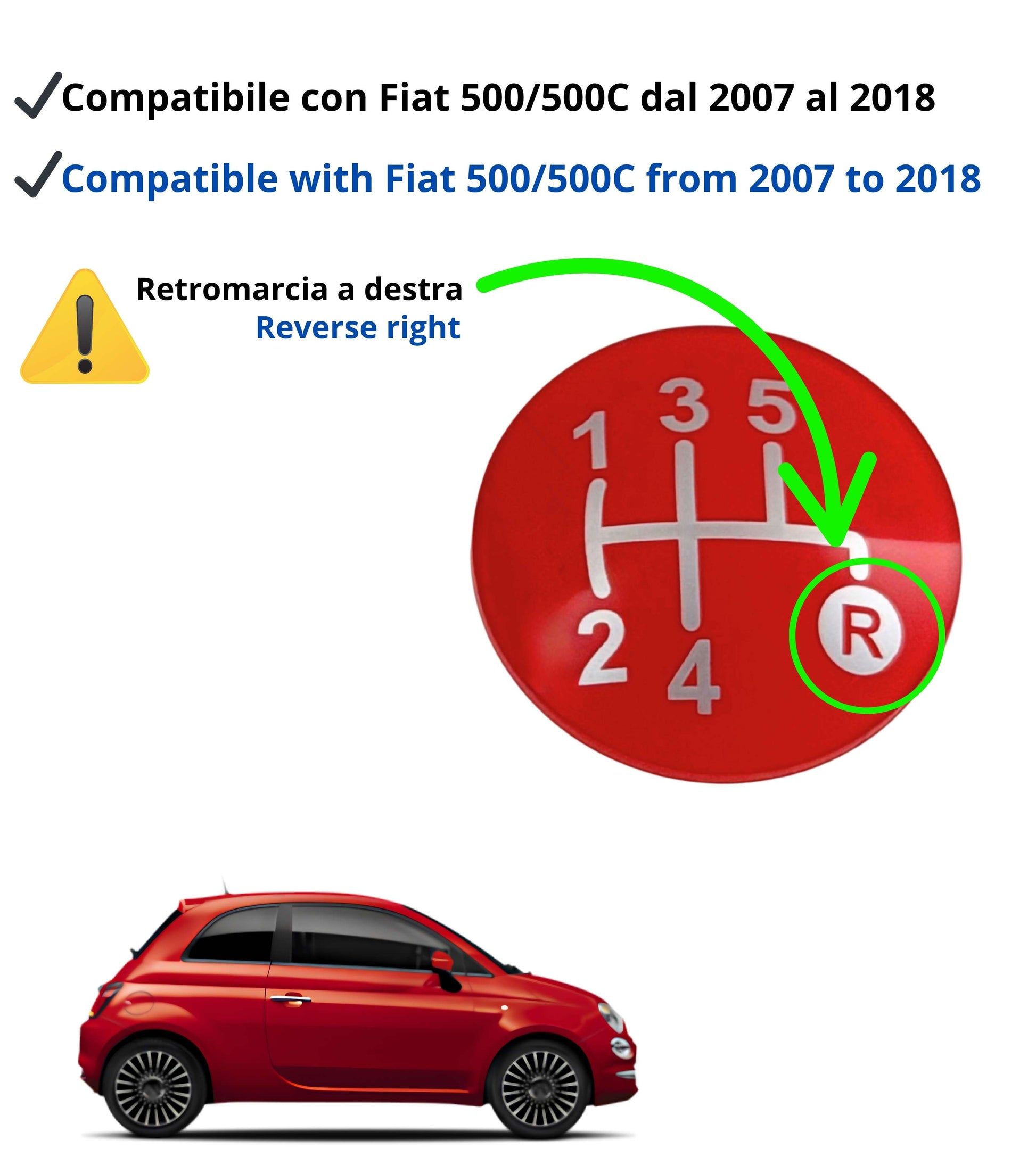 Pomello Leva Cambio 5 Marce Compatibile con Fiat 500 312 e 500C 2007–2018, Colore Argento e Lente Rossa, Foro Interno in Metallo, OEM 55344048