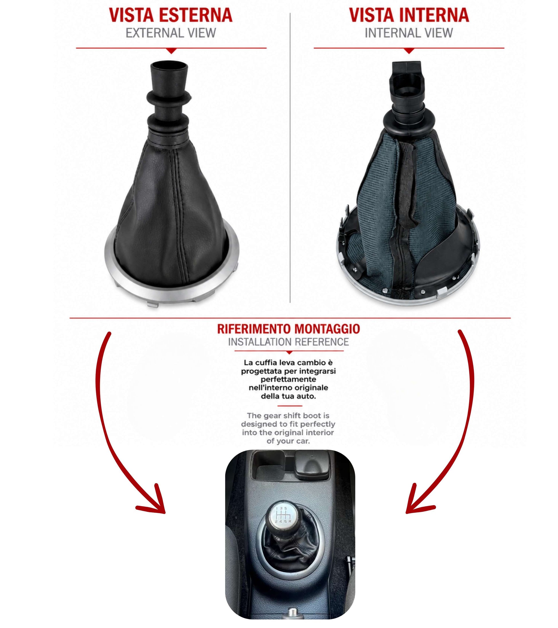 Cuffia per Leva Cambio con Cornice Argento Opaco e Ghiera di Ritenzione, Compatibile con Fiat Sedici (189 FY) 2006-2014, con Supporto Attacco Pomello