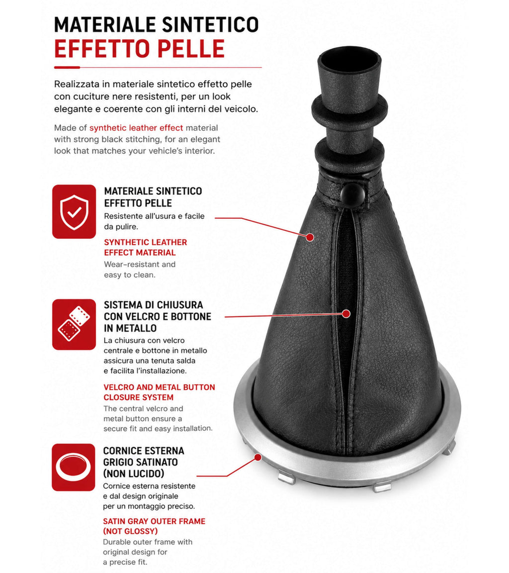 Cuffia per Leva Cambio con Cornice Argento Opaco e Ghiera di Ritenzione, Compatibile con Fiat Sedici (189 FY) 2006-2014, con Supporto Attacco Pomello
