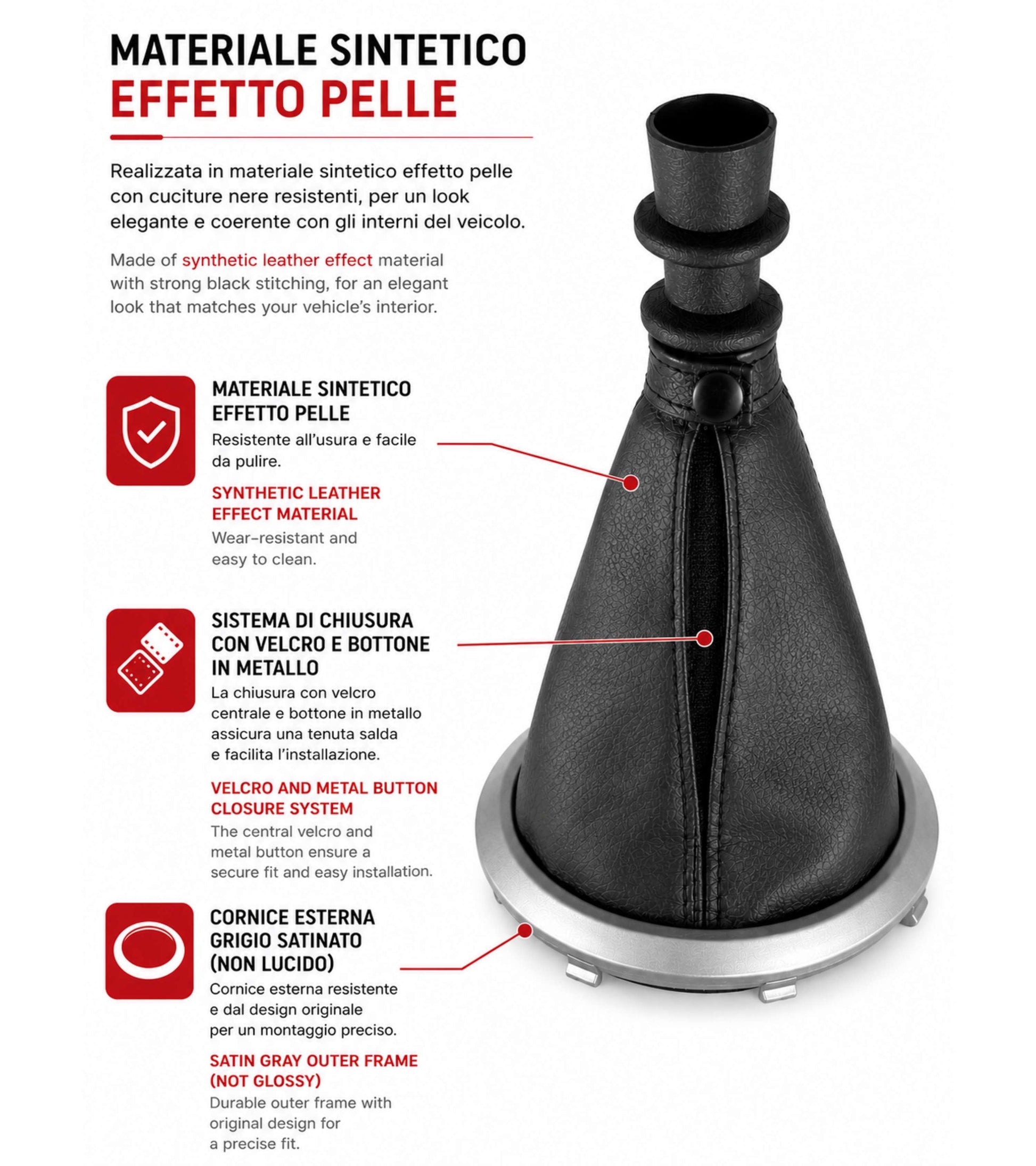 Cuffia per Leva Cambio con Cornice Argento Opaco e Ghiera di Ritenzione, Compatibile con Fiat Sedici (189 FY) 2006-2014, con Supporto Attacco Pomello