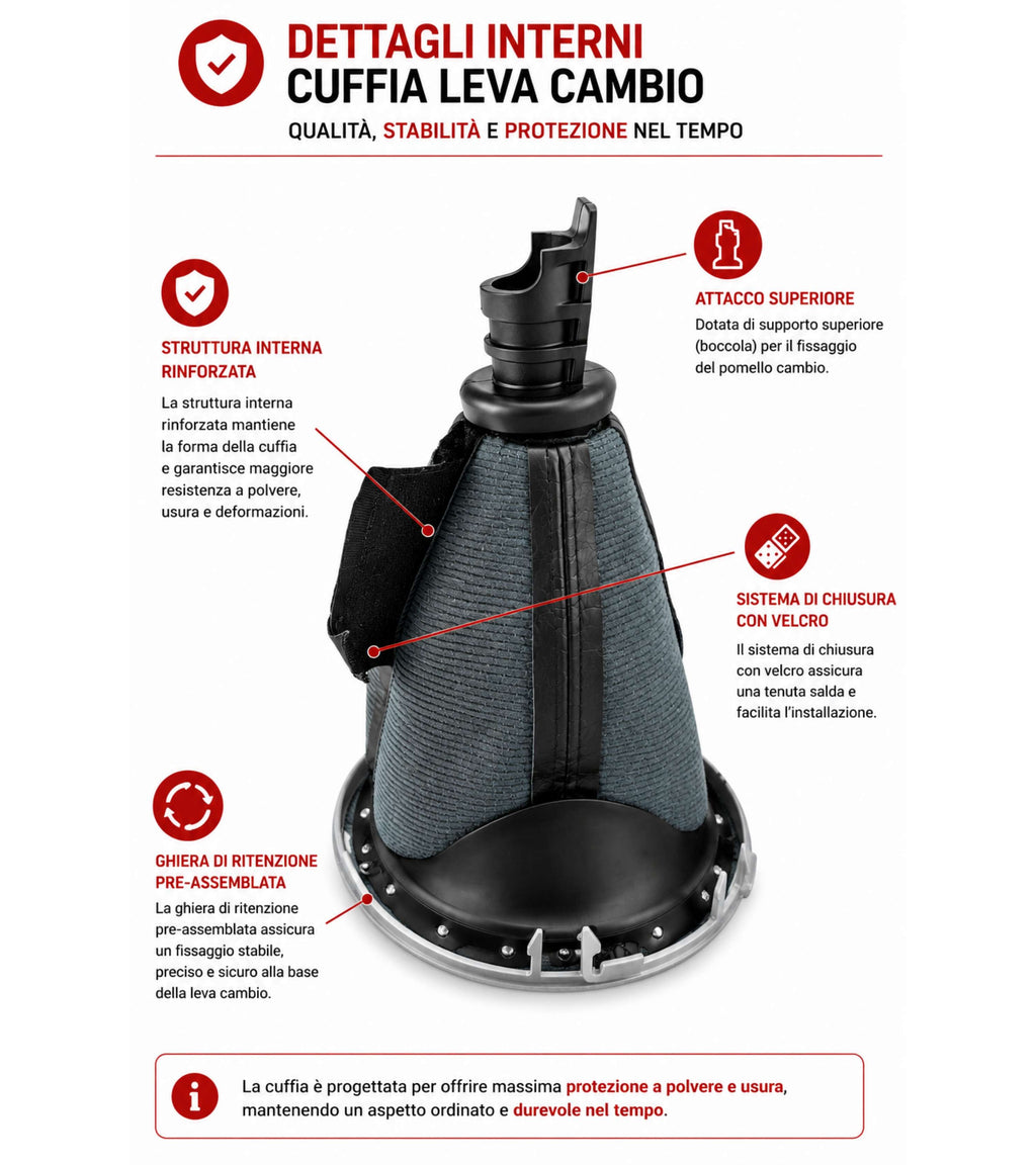 Cuffia per Leva Cambio con Cornice Argento Opaco e Ghiera di Ritenzione, Compatibile con Fiat Sedici (189 FY) 2006-2014, con Supporto Attacco Pomello