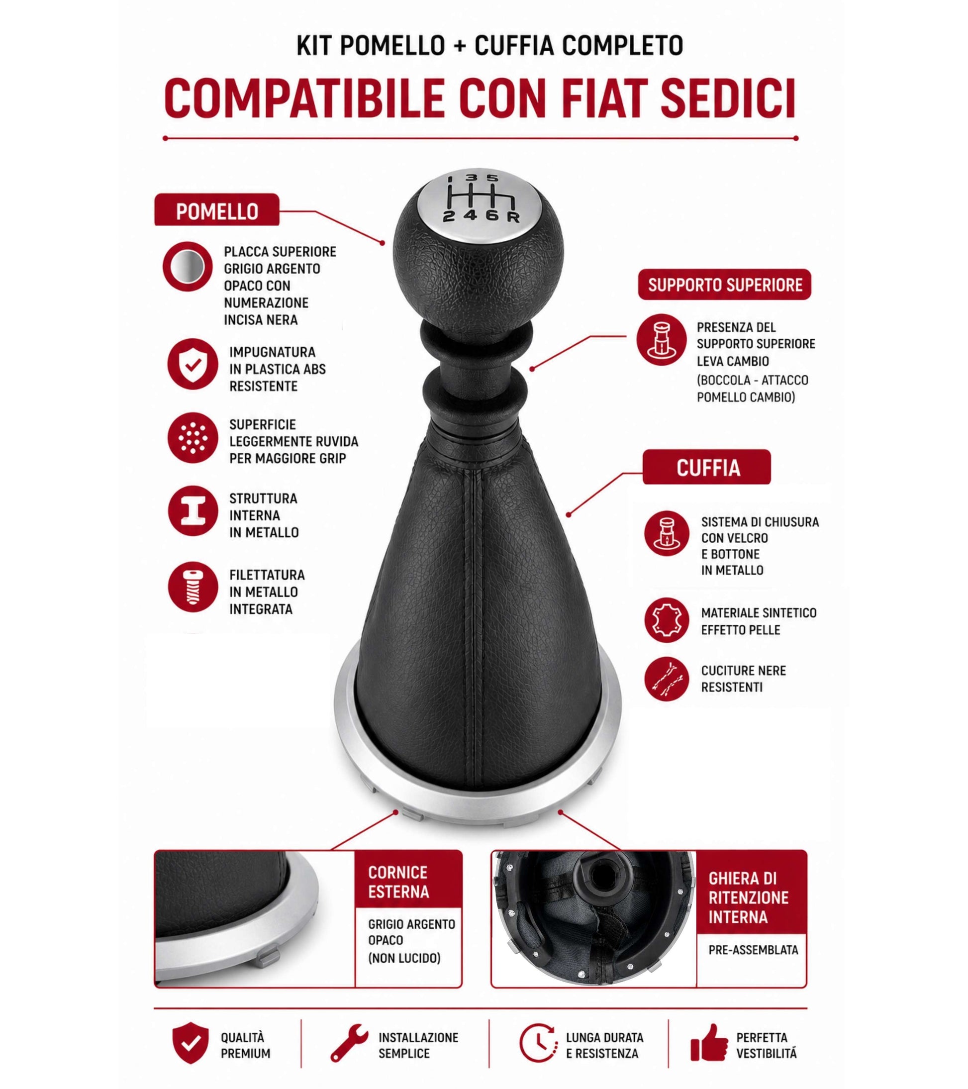 Kit Pomello Leva Cambio 6 Marce + Cuffia con Cuciture Nere, Cornice Grigio Argento Opaco e Ghiera di Ritenzione Compatibile con Fiat Sedici 2006-2014