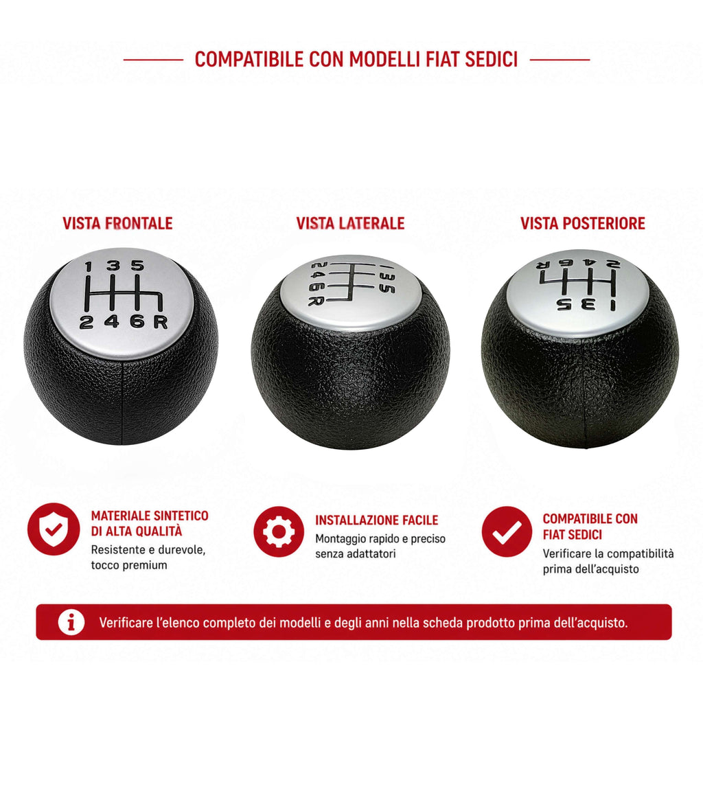 Kit Pomello Leva Cambio 6 Marce + Cuffia con Cuciture Nere, Cornice Grigio Argento Opaco e Ghiera di Ritenzione Compatibile con Fiat Sedici 2006-2014