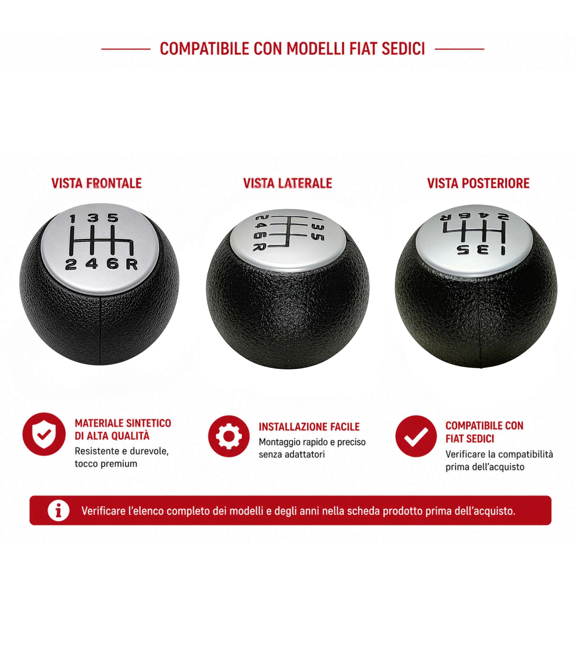 Kit Pomello Leva Cambio 6 Marce + Cuffia con Cuciture Nere, Cornice Grigio Argento Opaco e Ghiera di Ritenzione Compatibile con Fiat Sedici 2006-2014