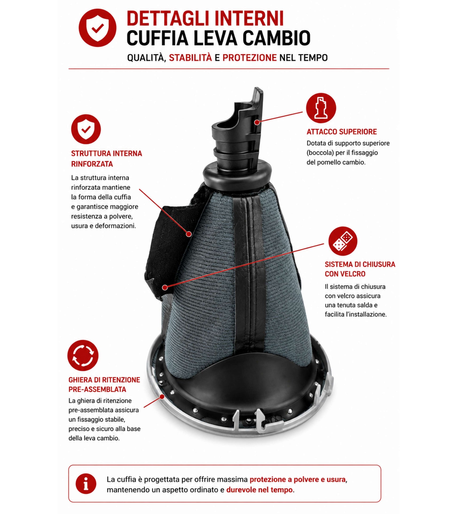 Kit Pomello Leva Cambio 6 Marce + Cuffia con Cuciture Nere, Cornice Grigio Argento Opaco e Ghiera di Ritenzione Compatibile con Fiat Sedici 2006-2014