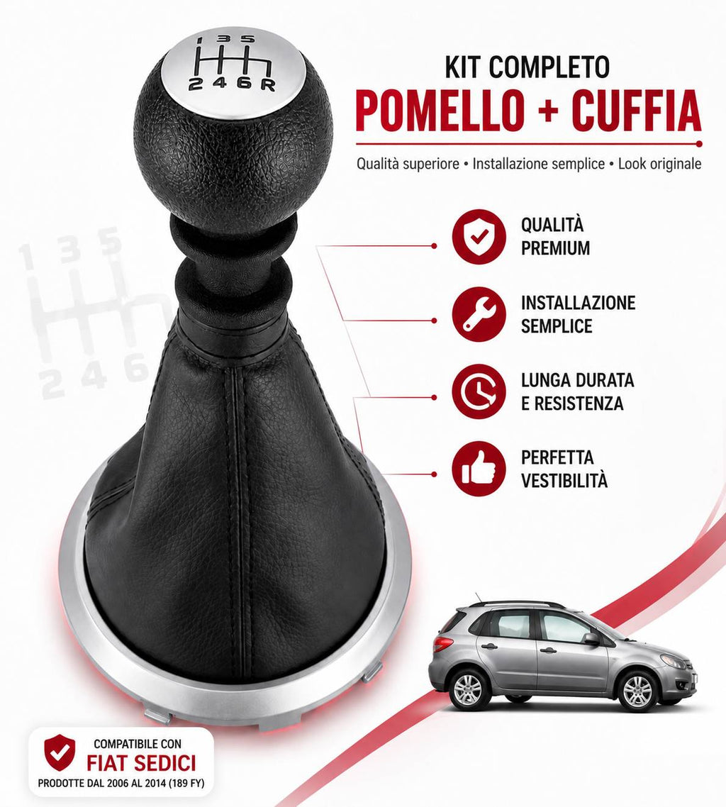 Kit Pomello Leva Cambio 6 Marce + Cuffia con Cuciture Nere, Cornice Grigio Argento Opaco e Ghiera di Ritenzione Compatibile con Fiat Sedici 2006-2014