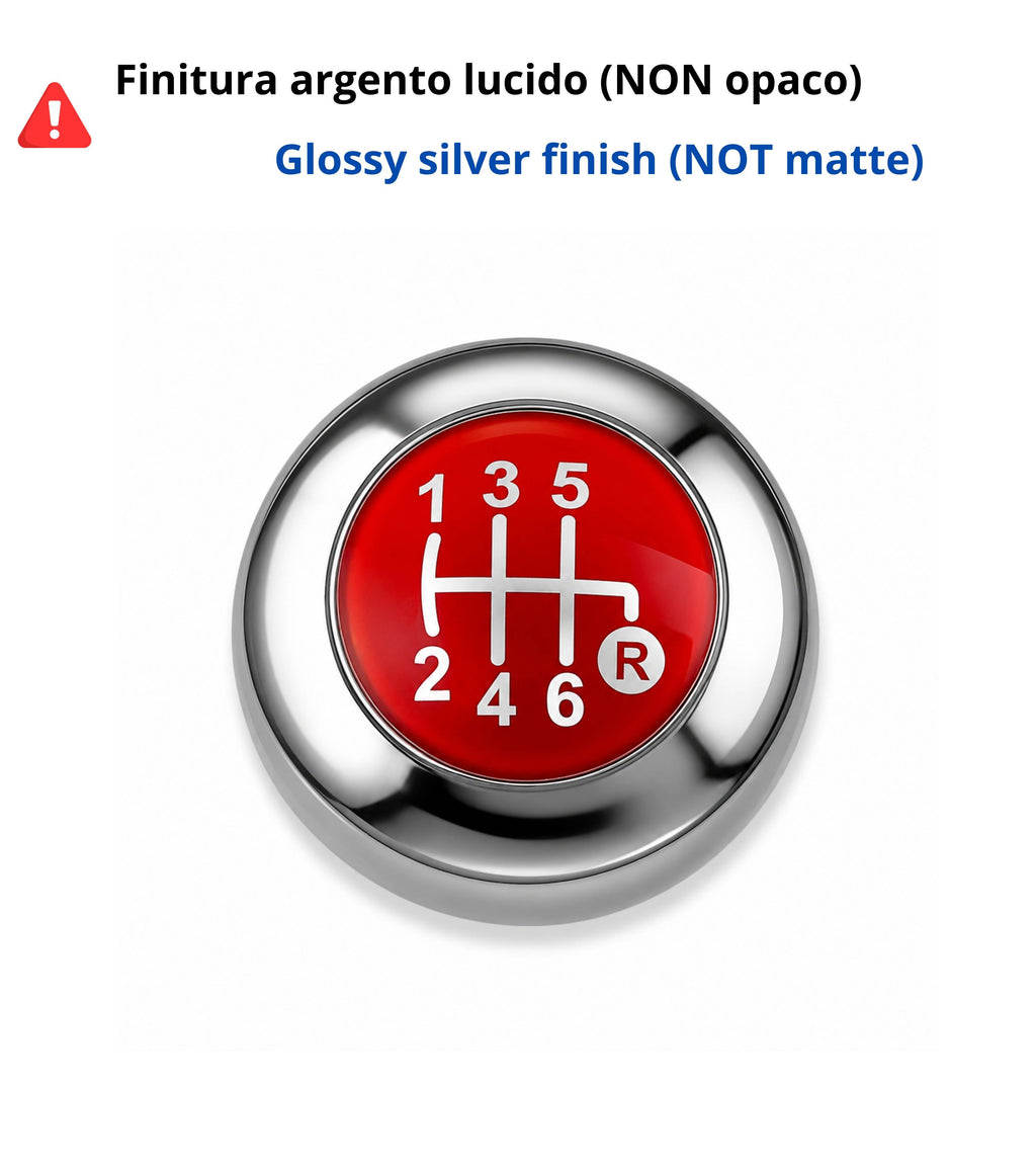Pomello Leva Cambio 6 Marce Compatibile con Fiat 500 312 e 500C 2007–2018, Colore Argento e Lente Rossa, Foro Interno in Metallo, OEM 55344048