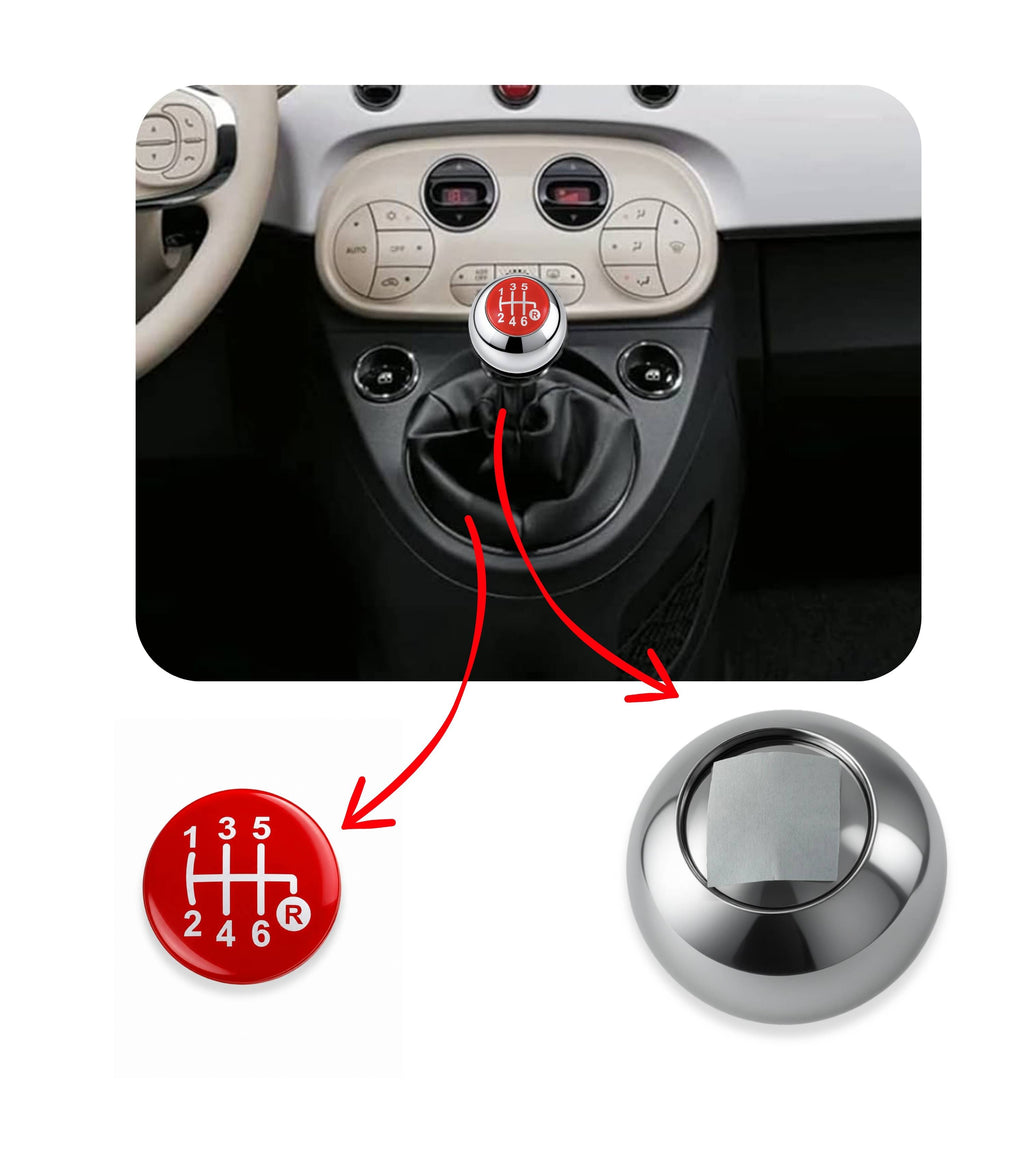 Pomello Leva Cambio 6 Marce Compatibile con Fiat 500 312 e 500C 2007–2018, Colore Argento e Lente Rossa, Foro Interno in Metallo, OEM 55344048