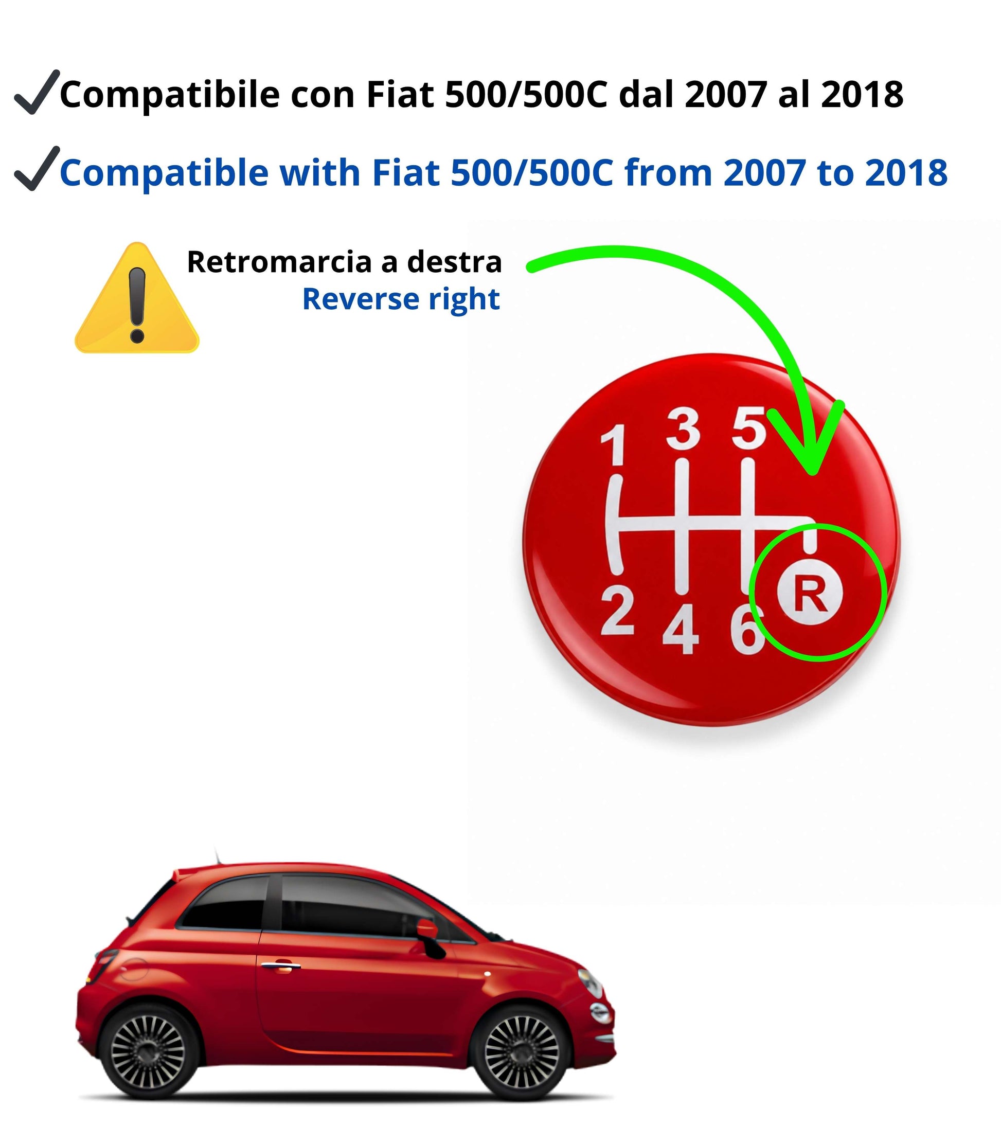 Pomello Leva Cambio 6 Marce Compatibile con Fiat 500 312 e 500C 2007–2018, Colore Argento e Lente Rossa, Foro Interno in Metallo, OEM 55344048