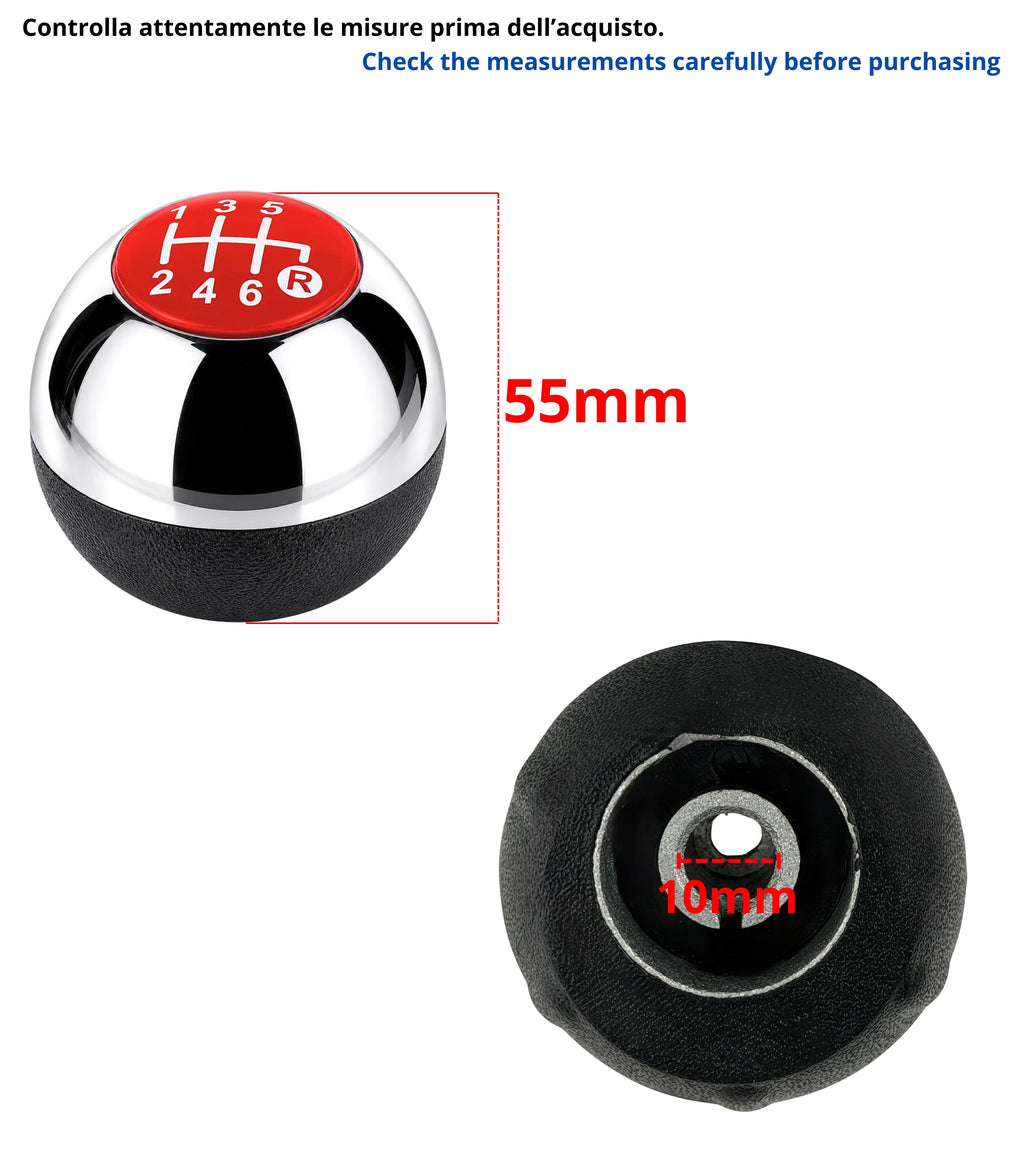Pomello Leva Cambio 6 Marce Compatibile con Fiat 500 312 e 500C 2007–2018, Colore Argento e Lente Rossa, Foro Interno in Metallo, OEM 55344048