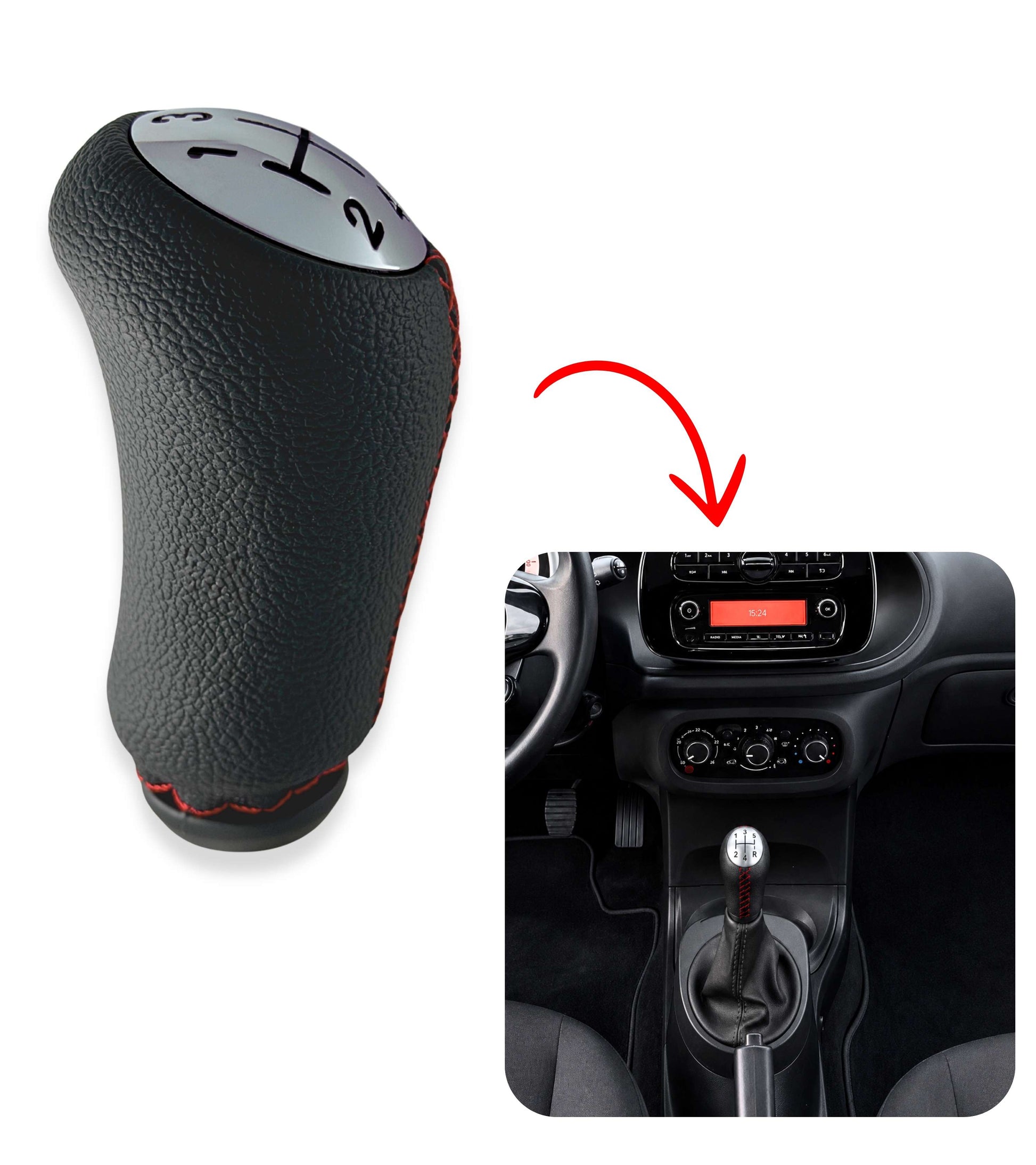 Pomello Leva Cambio 5 Marce con Cuciture Rosse e Adattatore in Plastica Compatibile con Smart Fortwo III W453 2014–2022 e Forfour W453 2014–2024
