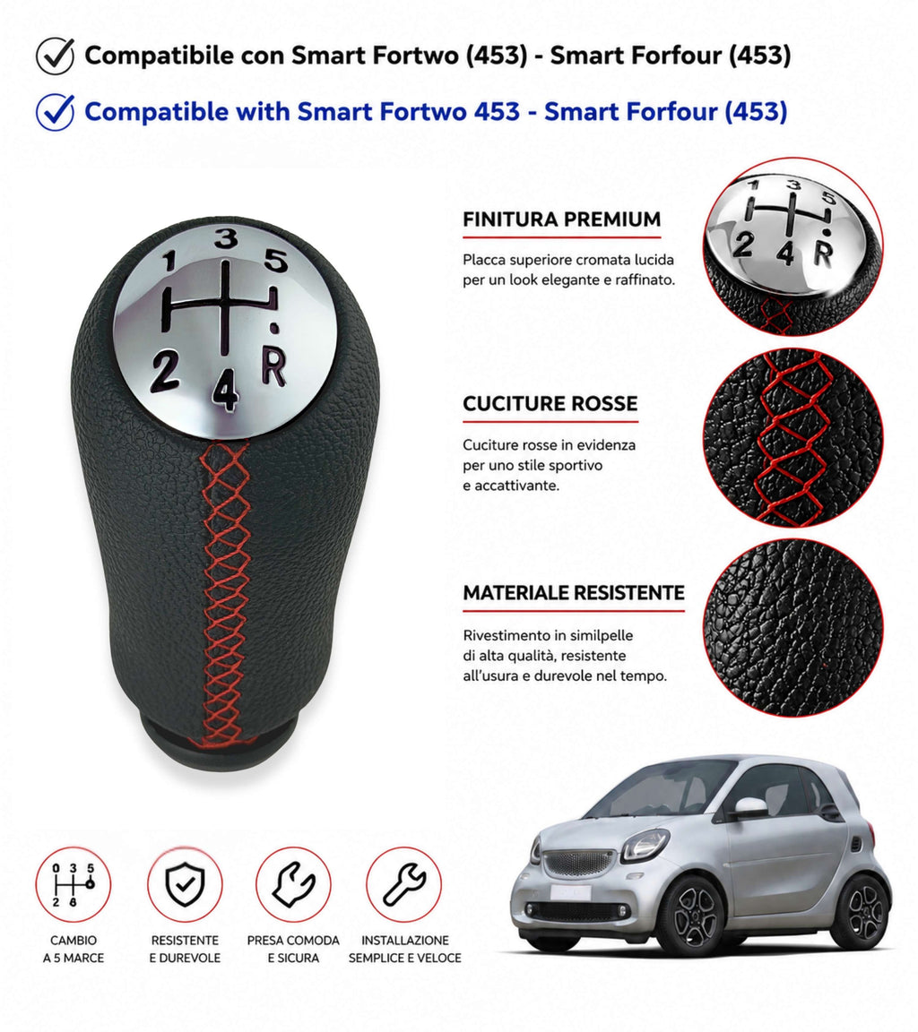 Pomello Leva Cambio 5 Marce con Cuciture Rosse e Adattatore in Plastica Compatibile con Smart Fortwo III W453 2014–2022 e Forfour W453 2014–2024