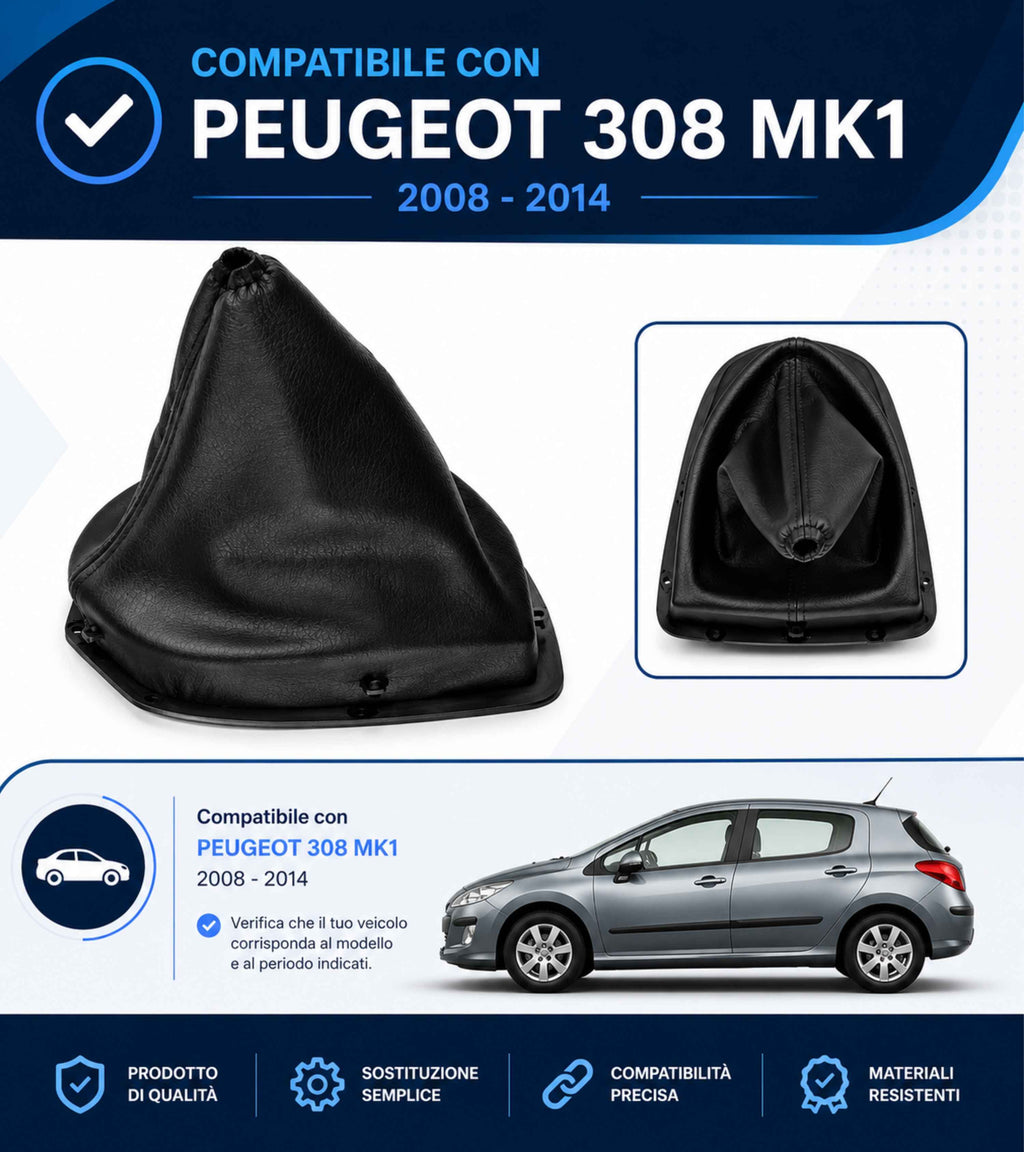 Cuffia  per Leva Cambio con Ghiera di Ritenzione Compatibile con Peugeot 308 MK1 2008-2014 Colore Nero con Cuciture Nere OEM 9684581680 9660633177