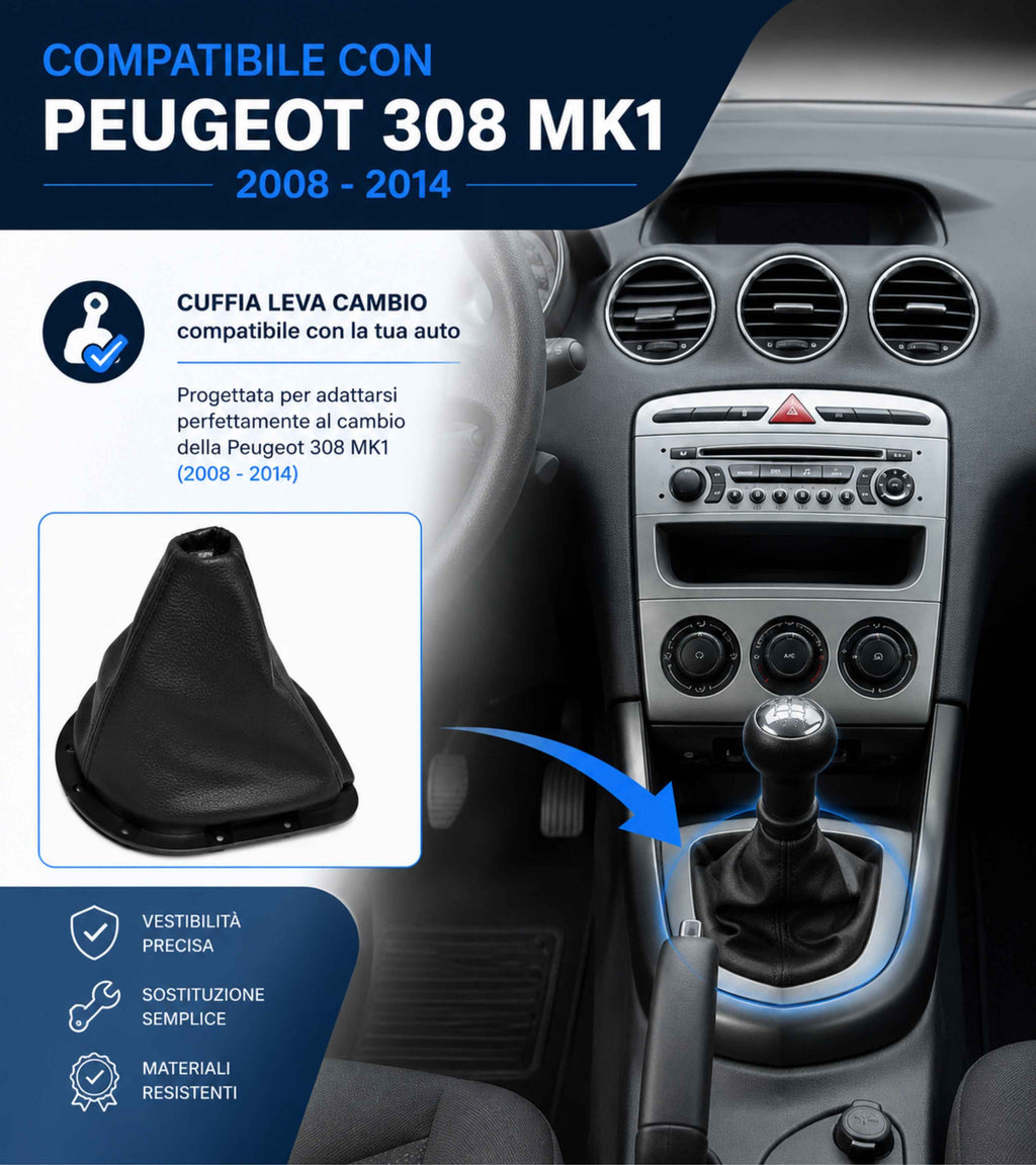 Cuffia  per Leva Cambio con Ghiera di Ritenzione Compatibile con Peugeot 308 MK1 2008-2014 Colore Nero con Cuciture Nere OEM 9684581680 9660633177