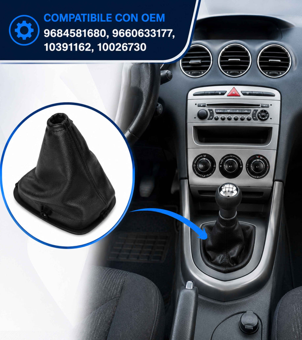 Cuffia  per Leva Cambio con Ghiera di Ritenzione Compatibile con Peugeot 308 MK1 2008-2014 Colore Nero con Cuciture Nere OEM 9684581680 9660633177