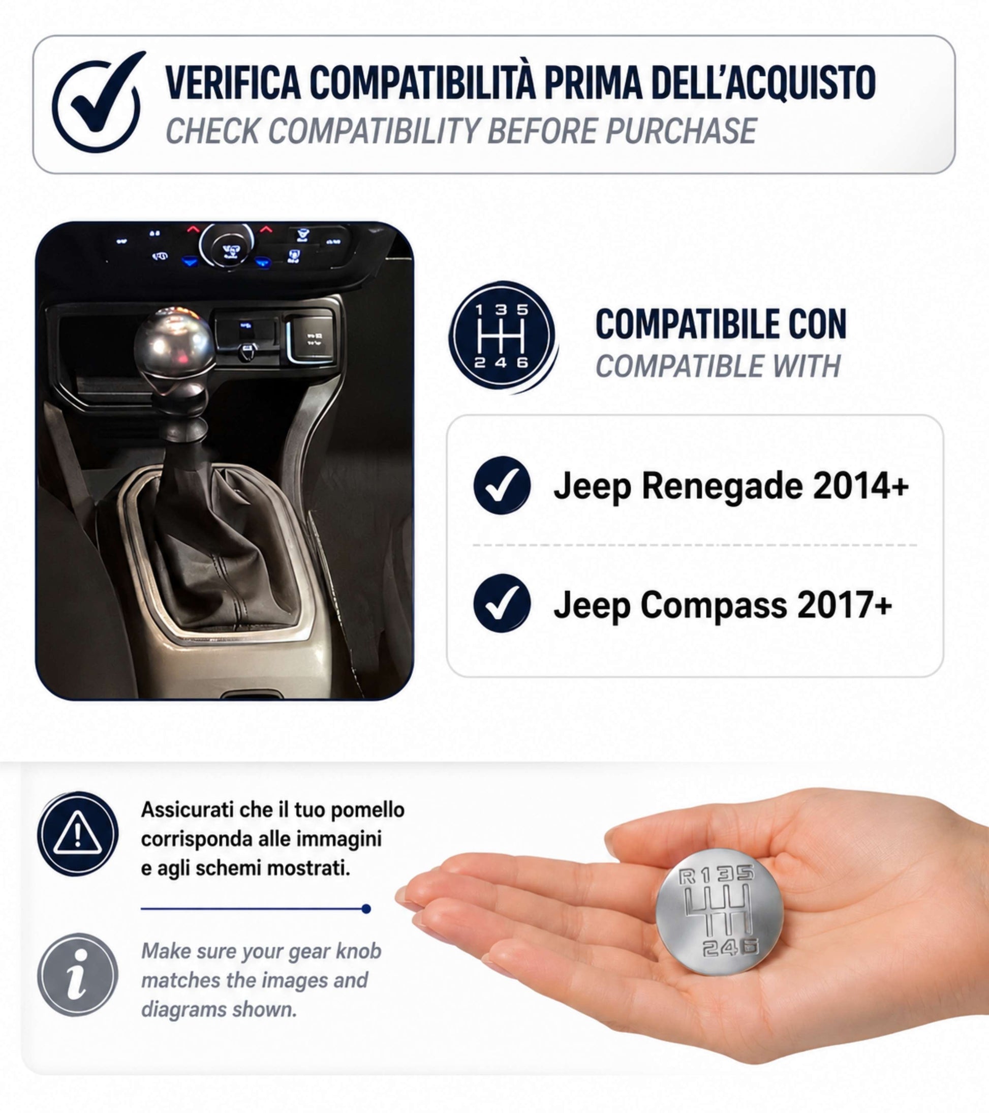 Placca per Pomello Cambio 6 Marce Compatibile con Jeep Renegade dal 2014 e Compass dal 2017 Lente Argento Satinato Con Clips OEM 50293491 68201215AA
