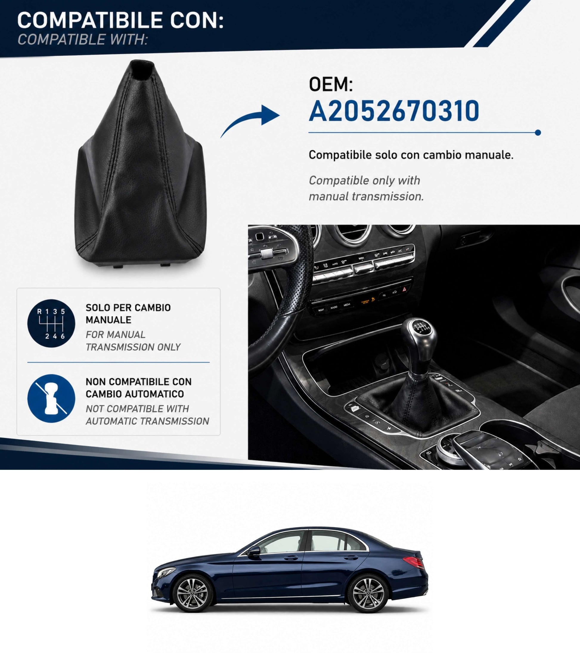 Cuffia per Leva Cambio Compatibile con Mercedes Classe C W205 2014-2021 con Ghiera Telaio Interno Cuciture Nere Materiale Sintetico OEM A2052670310